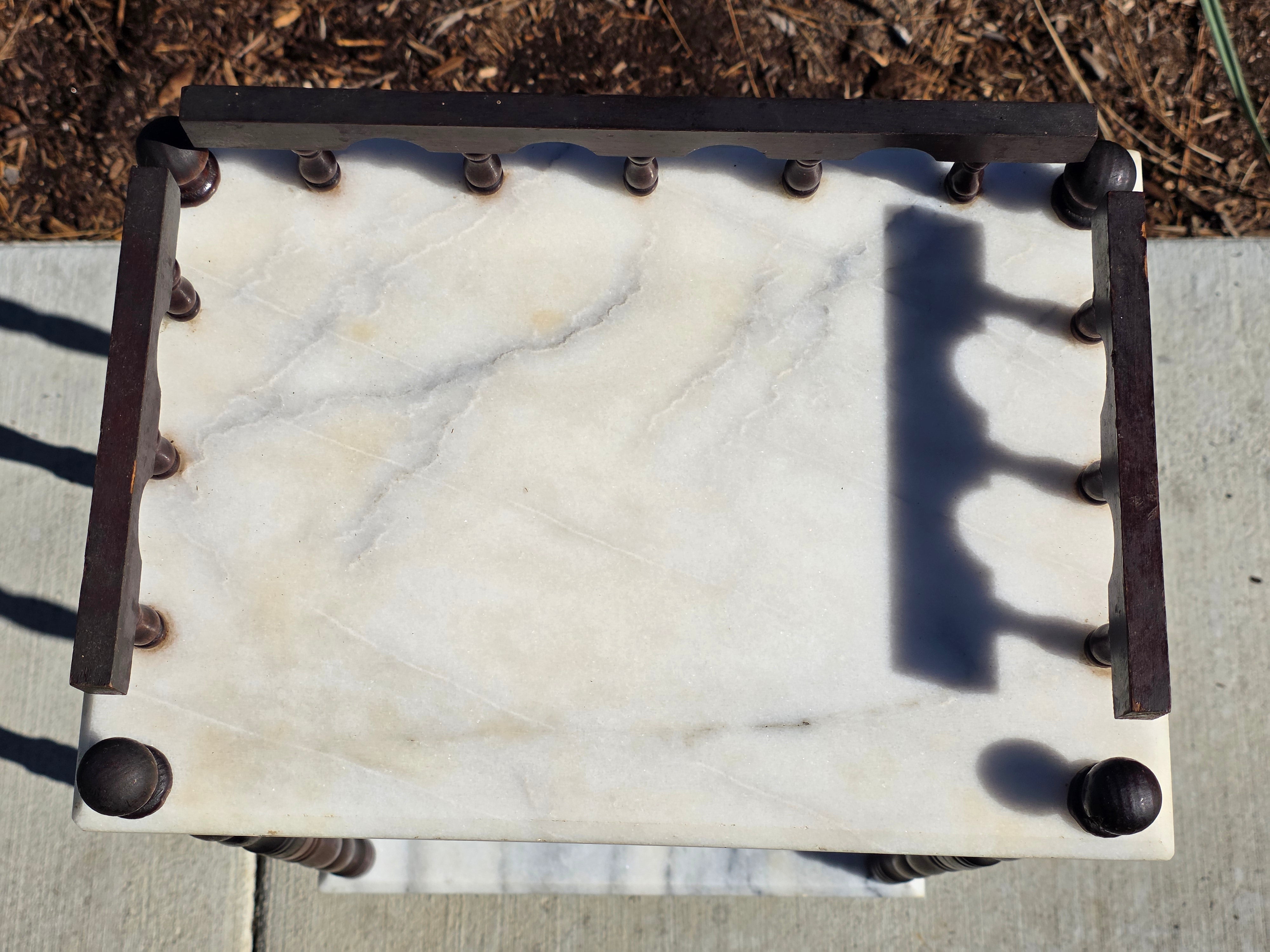 Vintage 2-Tier Marble & Wood Plant Stand Side Table