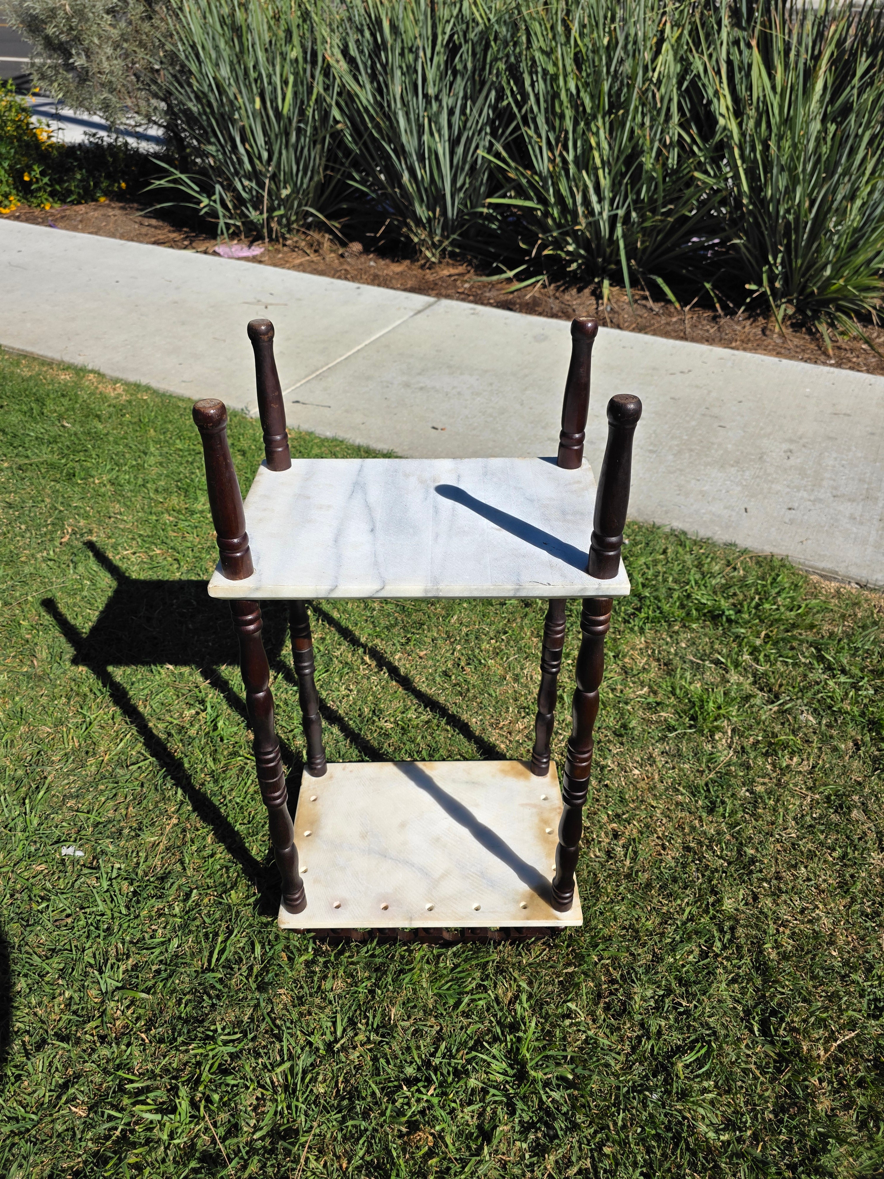Vintage 2-Tier Marble & Wood Plant Stand Side Table