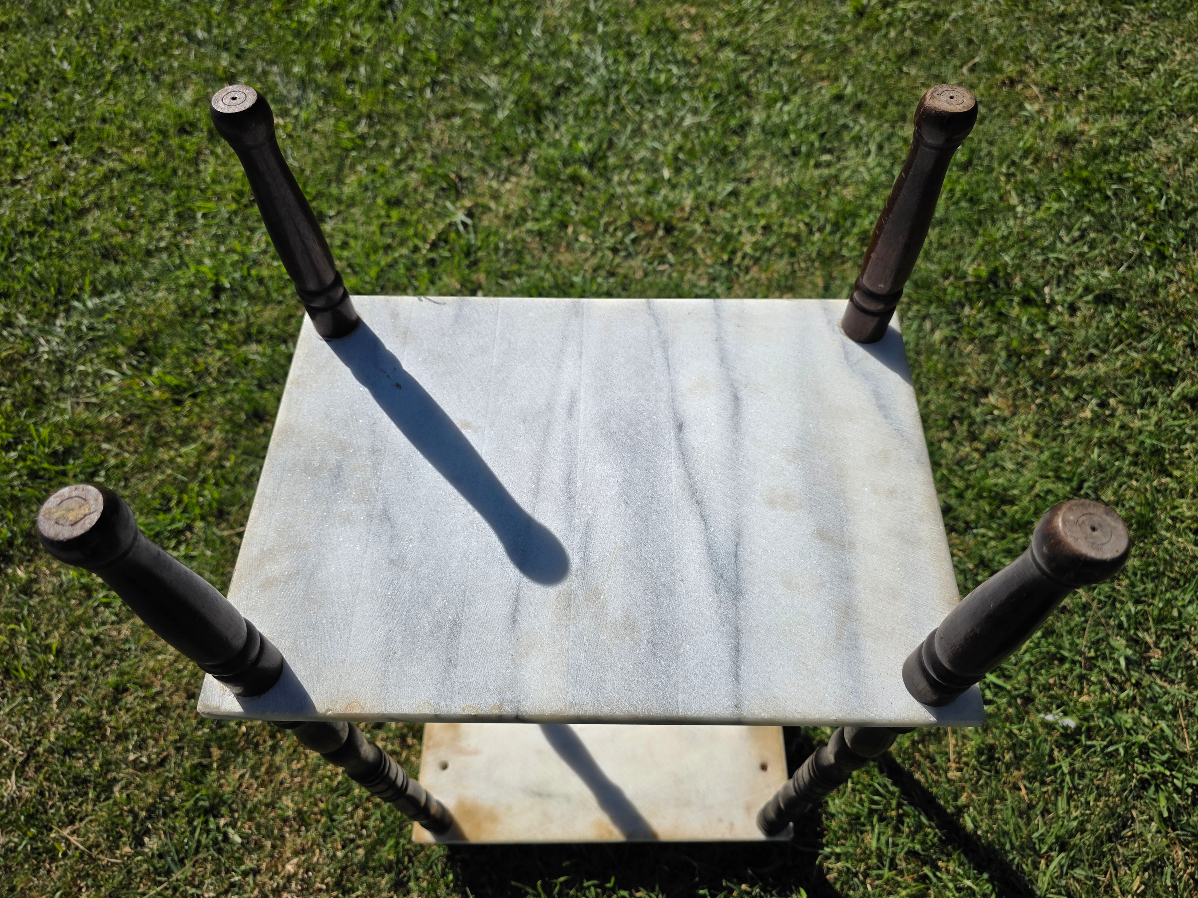 Vintage 2-Tier Marble & Wood Plant Stand Side Table