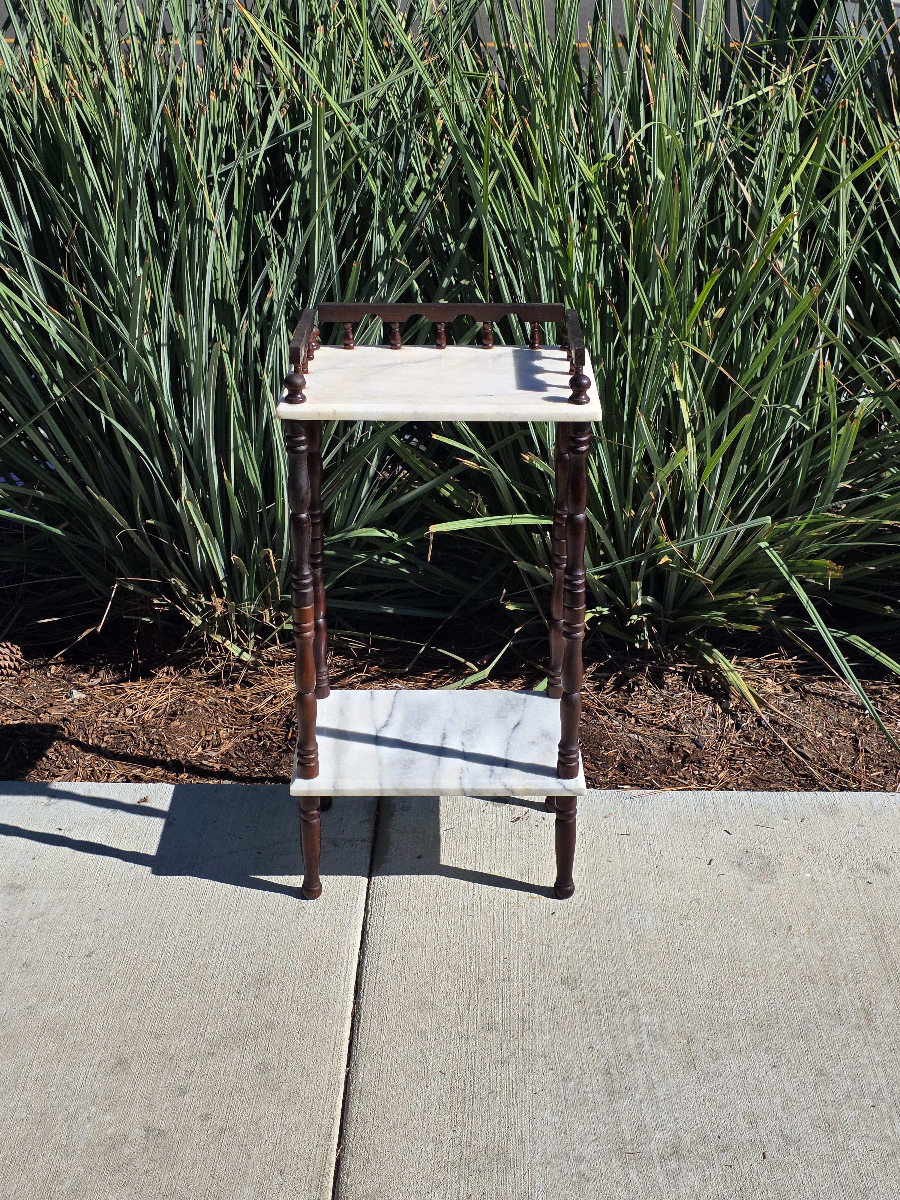 Vintage 2-Tier Marble & Wood Plant Stand Side Table