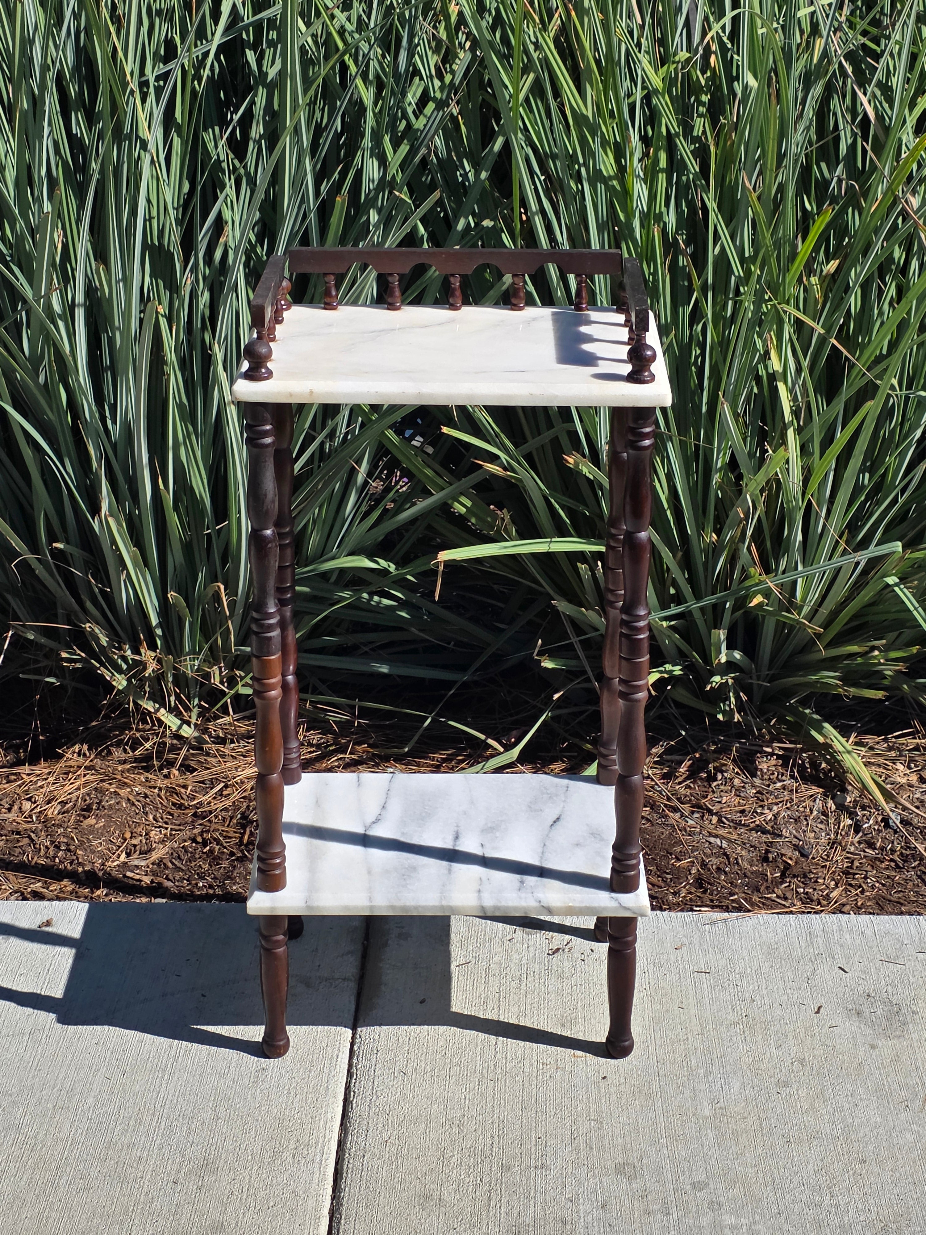 Vintage 2-Tier Marble & Wood Plant Stand Side Table