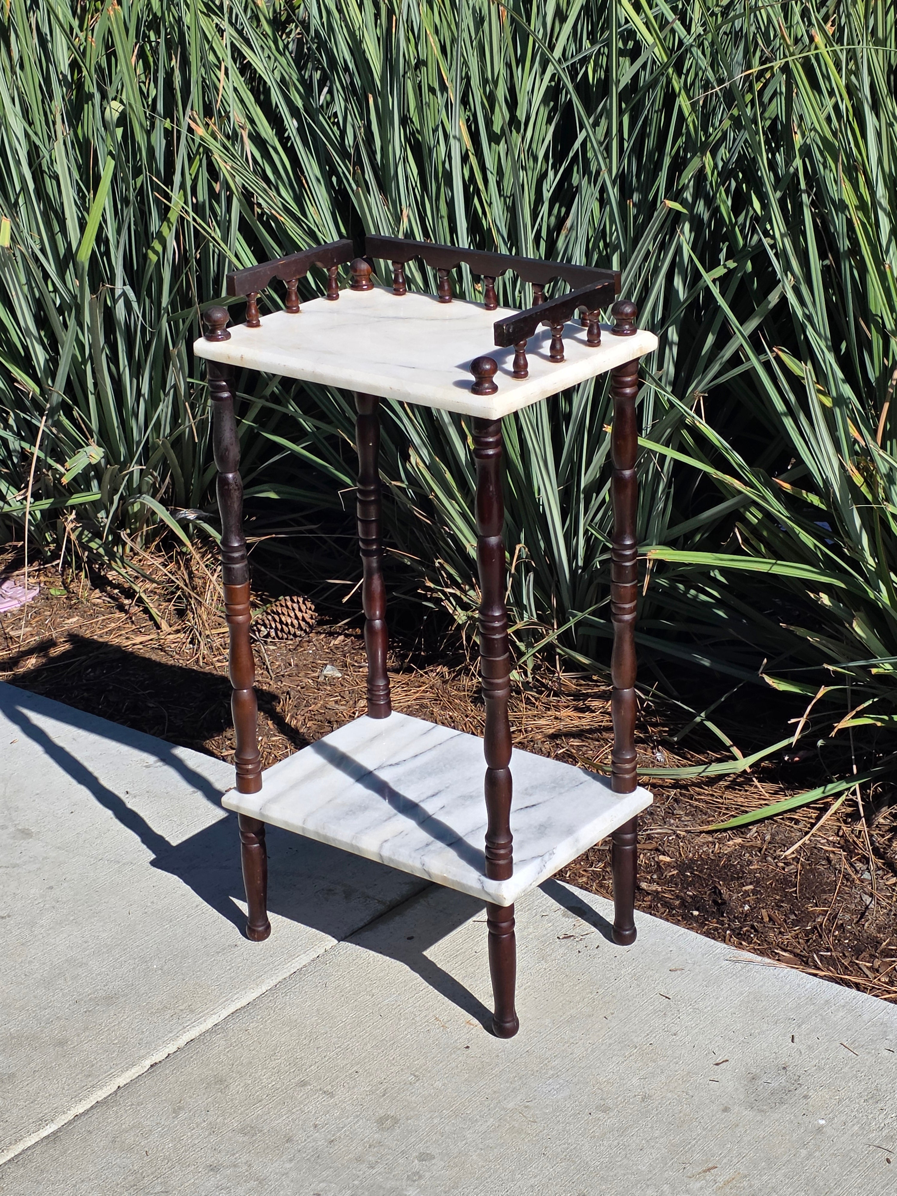 Vintage 2-Tier Marble & Wood Plant Stand Side Table