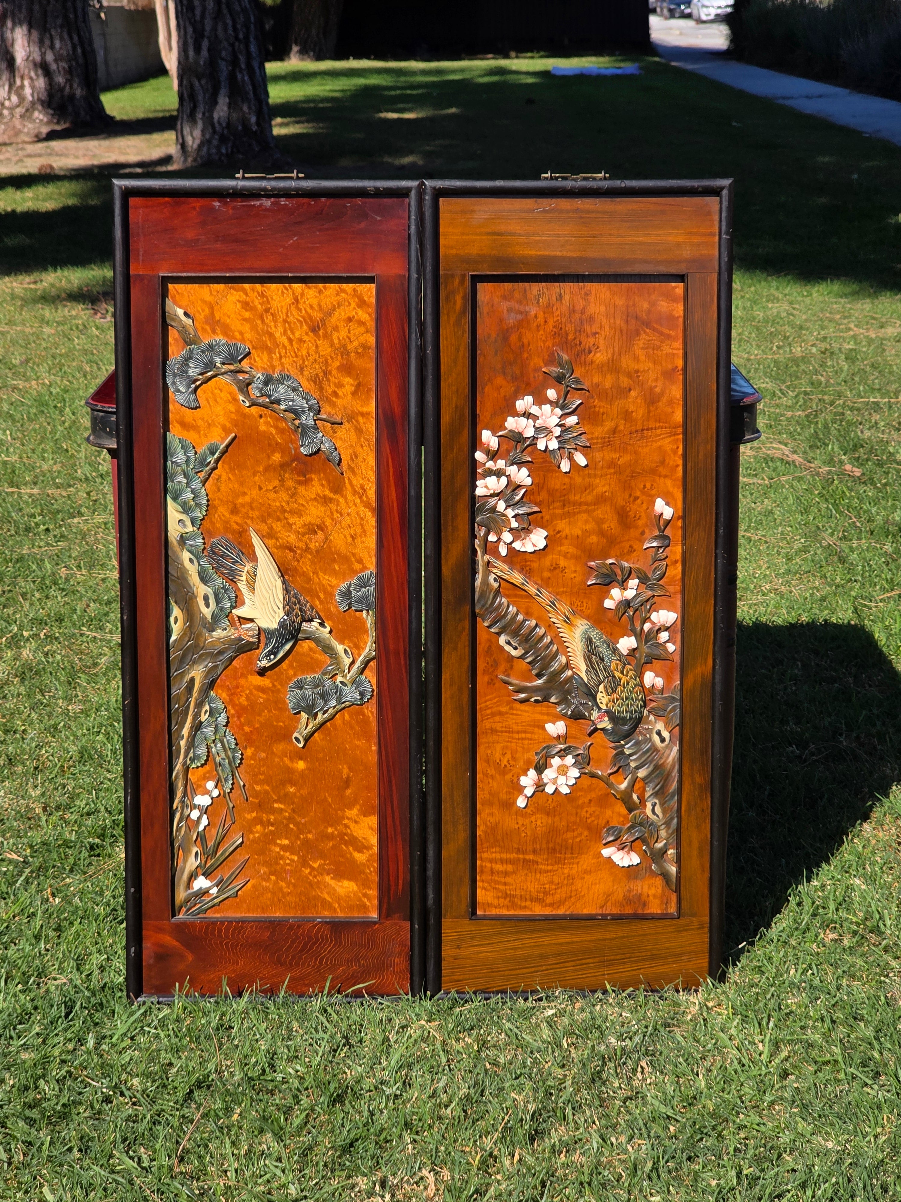 Vintage Pair of Framed 3D Carved Wood Wall Panels - Flowers & Birds