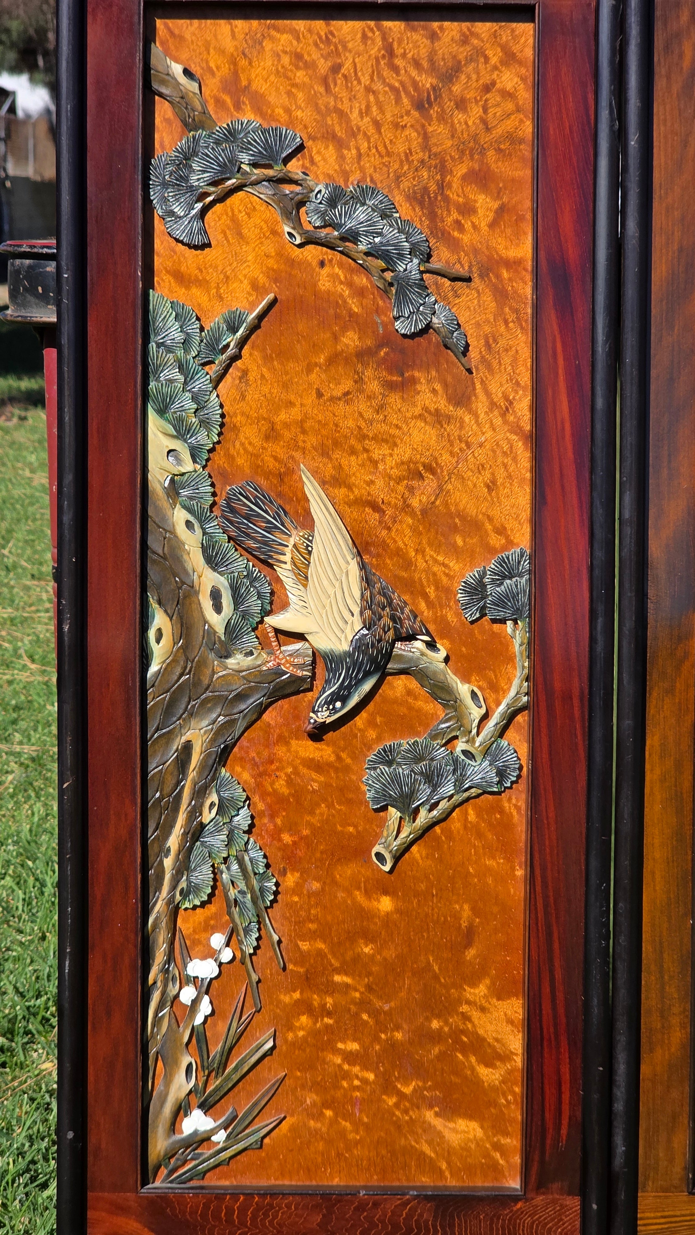 Vintage Pair of Framed 3D Carved Wood Wall Panels - Flowers & Birds