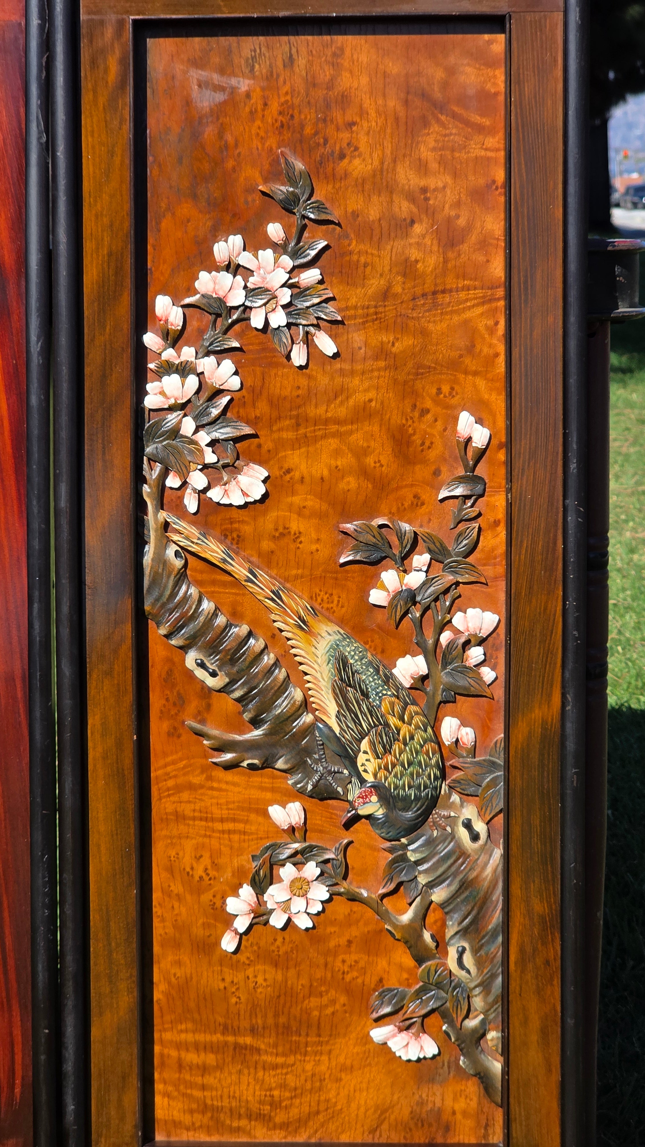 Vintage Pair of Framed 3D Carved Wood Wall Panels - Flowers & Birds