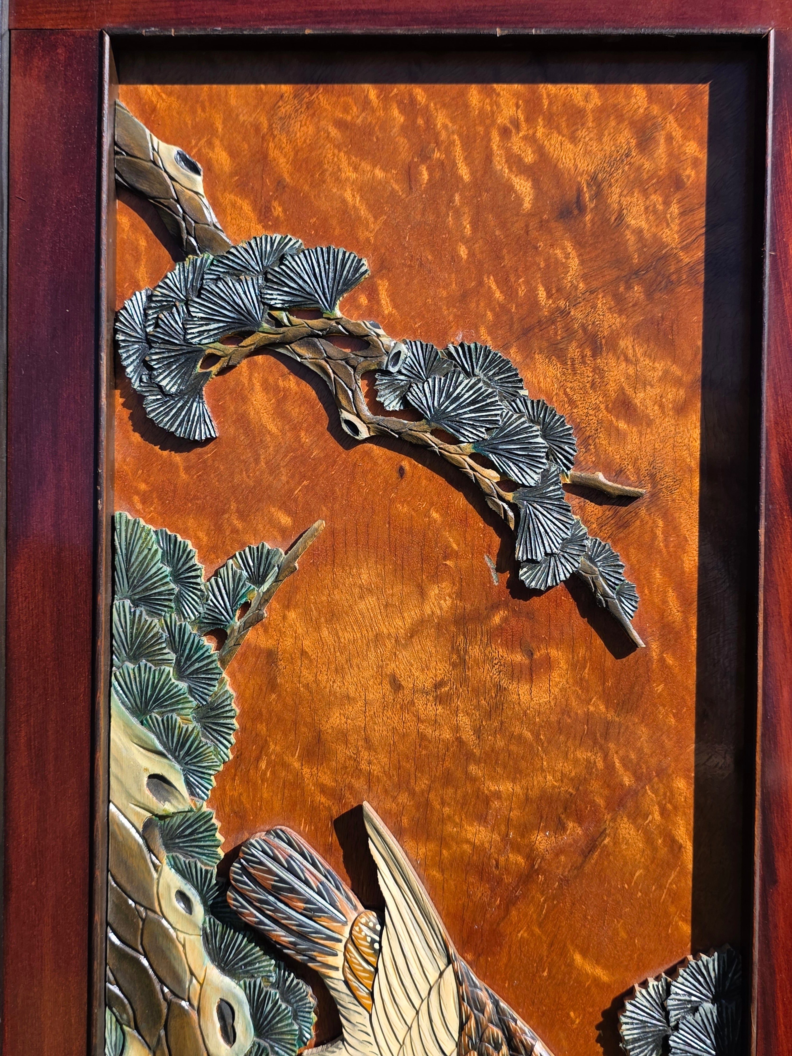 Vintage Pair of Framed 3D Carved Wood Wall Panels - Flowers & Birds