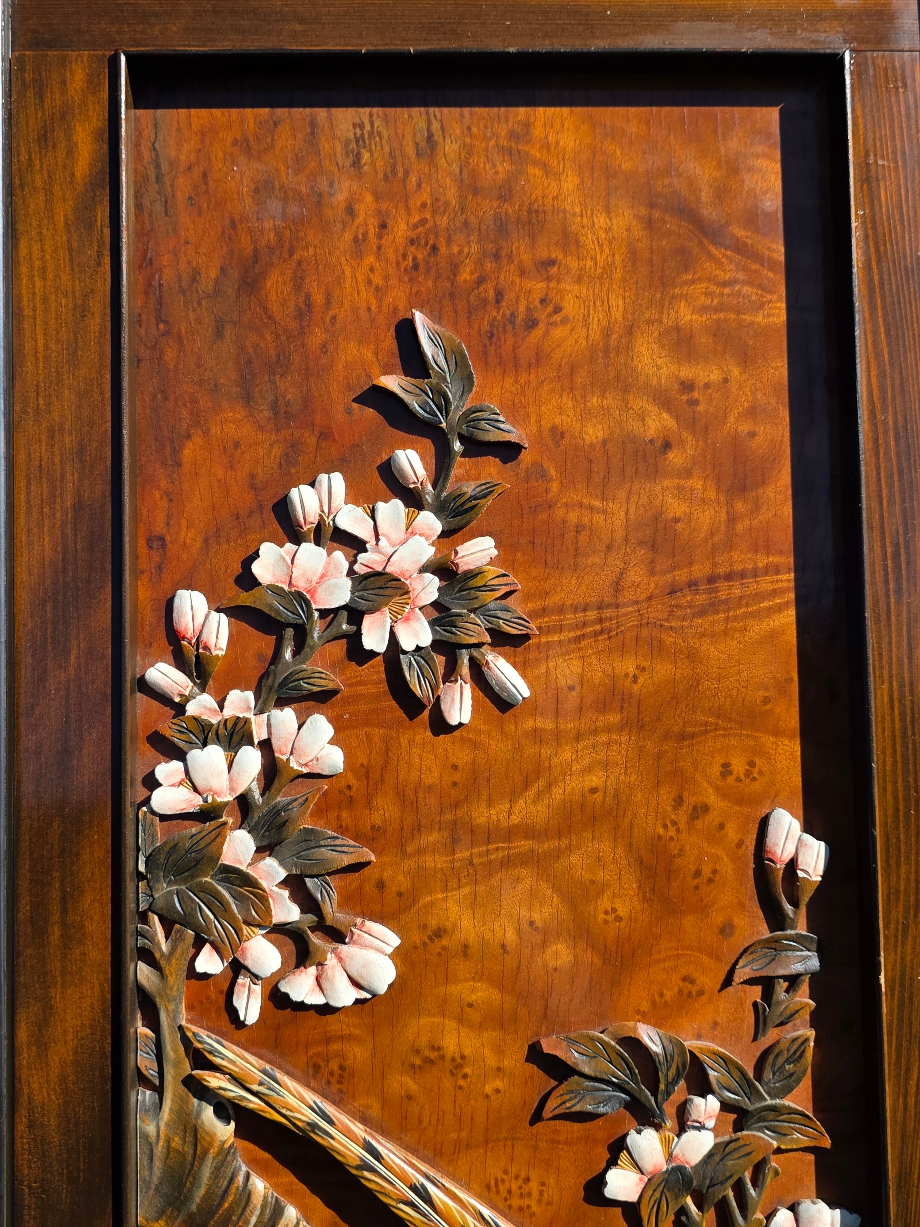 Vintage Pair of Framed 3D Carved Wood Wall Panels - Flowers & Birds