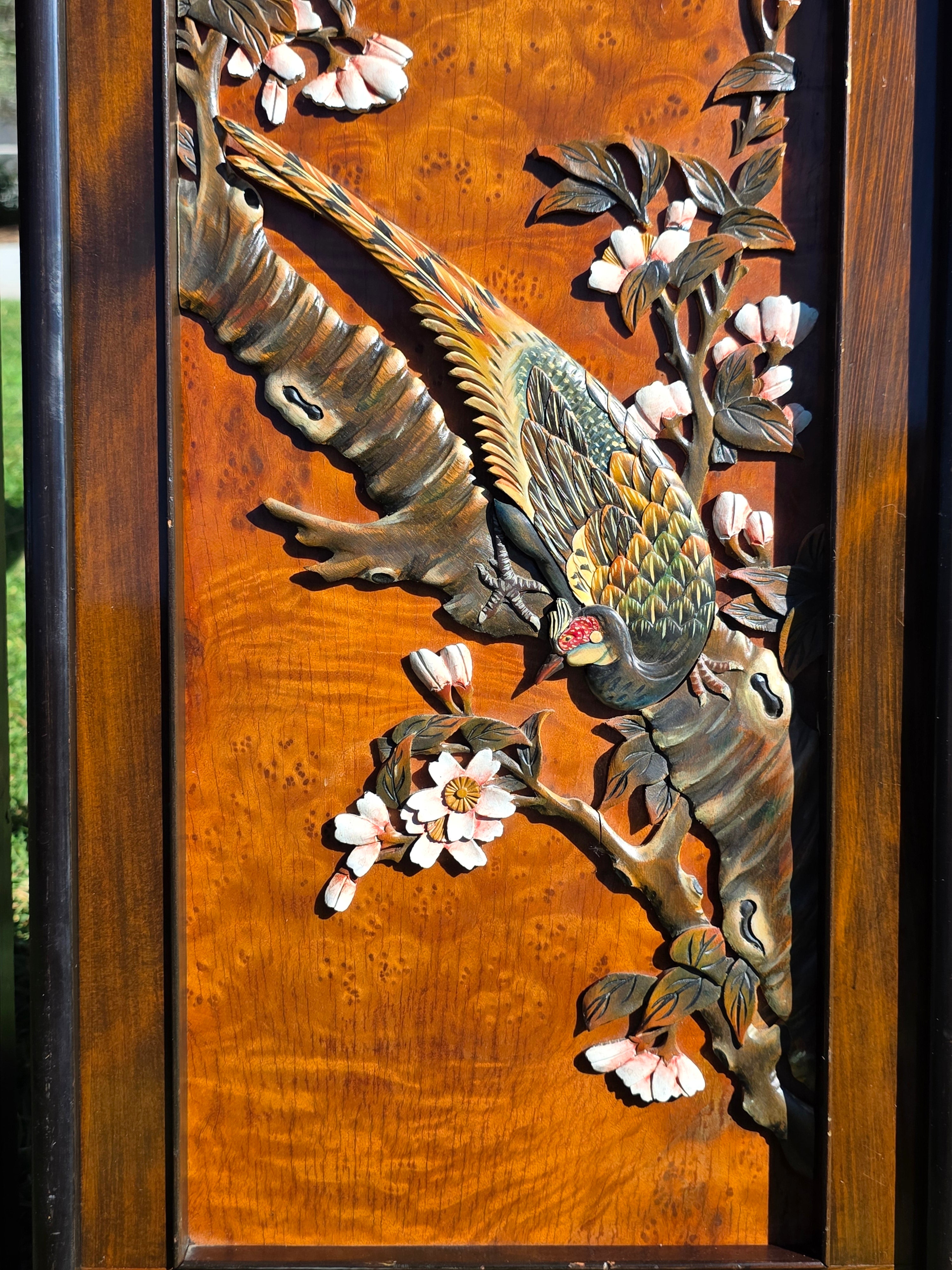 Vintage Pair of Framed 3D Carved Wood Wall Panels - Flowers & Birds