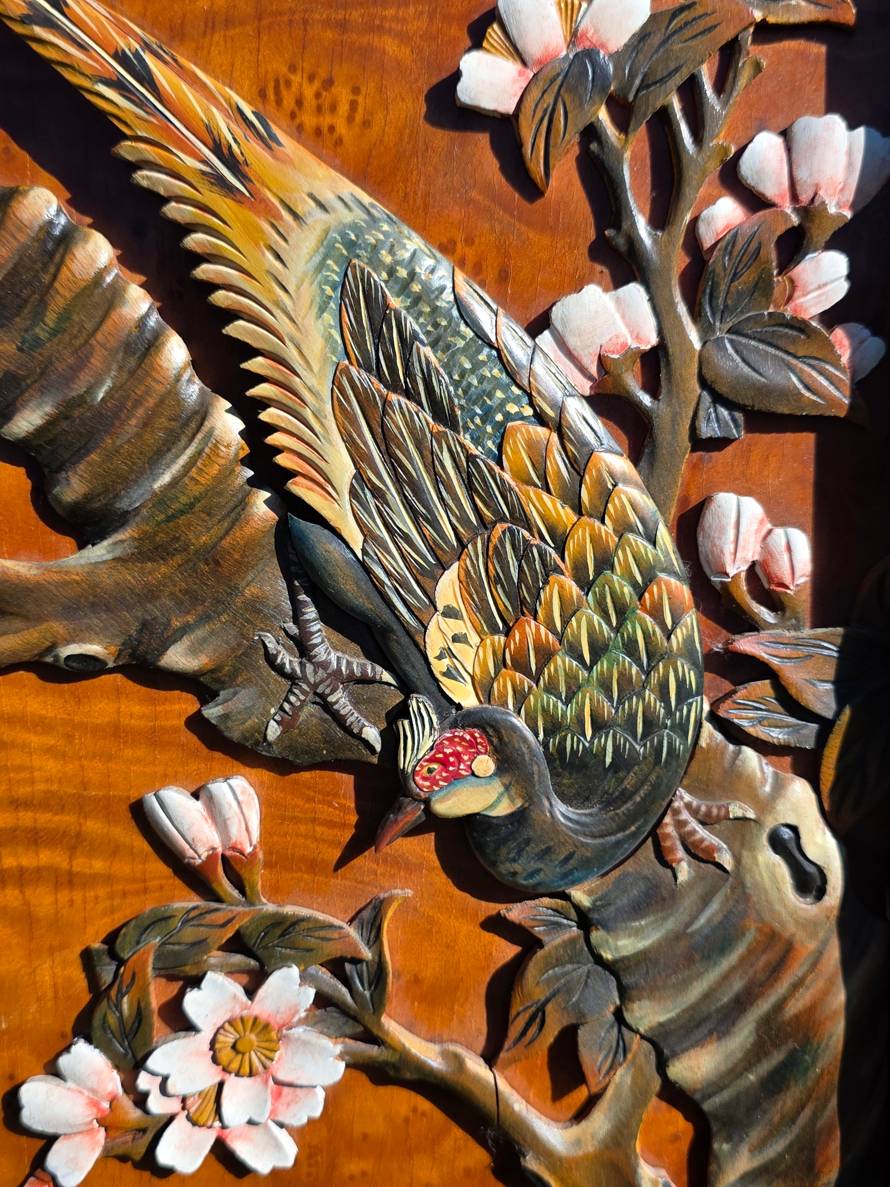 Vintage Pair of Framed 3D Carved Wood Wall Panels - Flowers & Birds