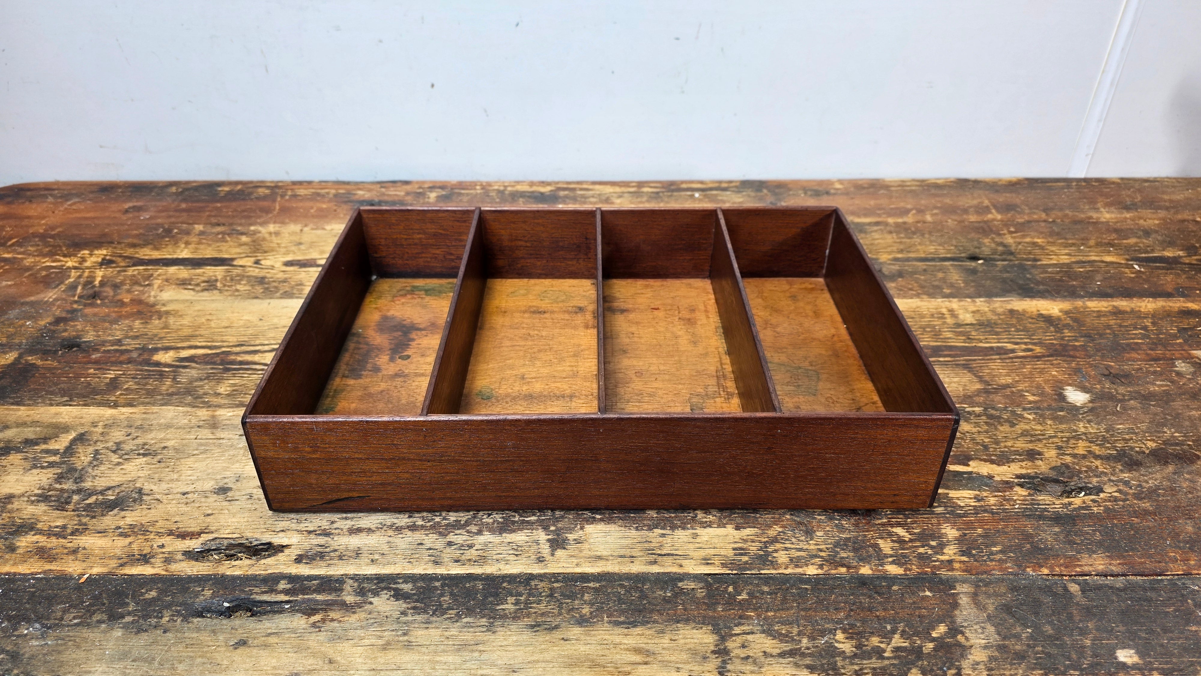 Vintage 4-Compartment Wooden Desk Organizer Tray with Pin-Nail Construction