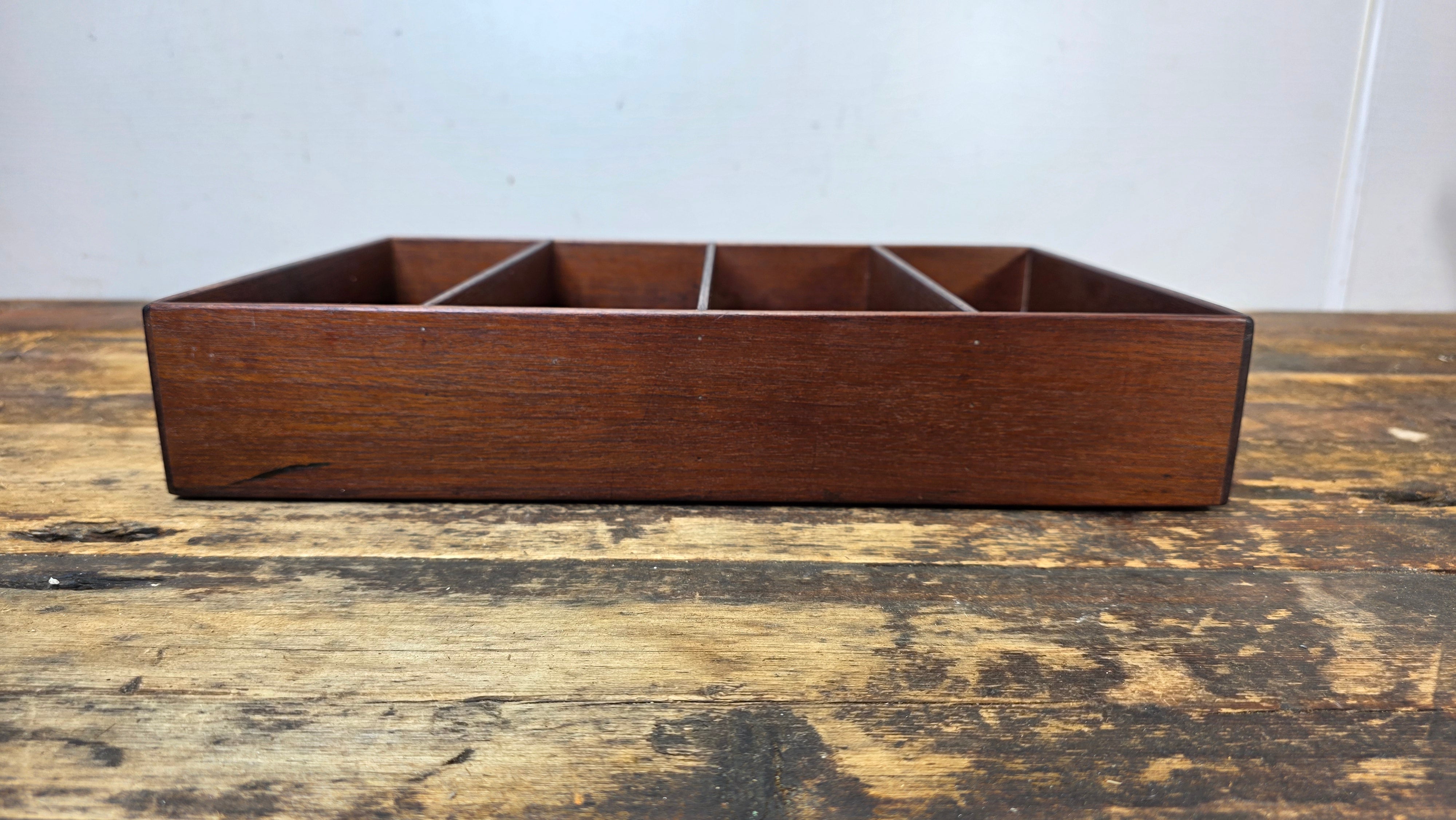 Vintage 4-Compartment Wooden Desk Organizer Tray with Pin-Nail Construction