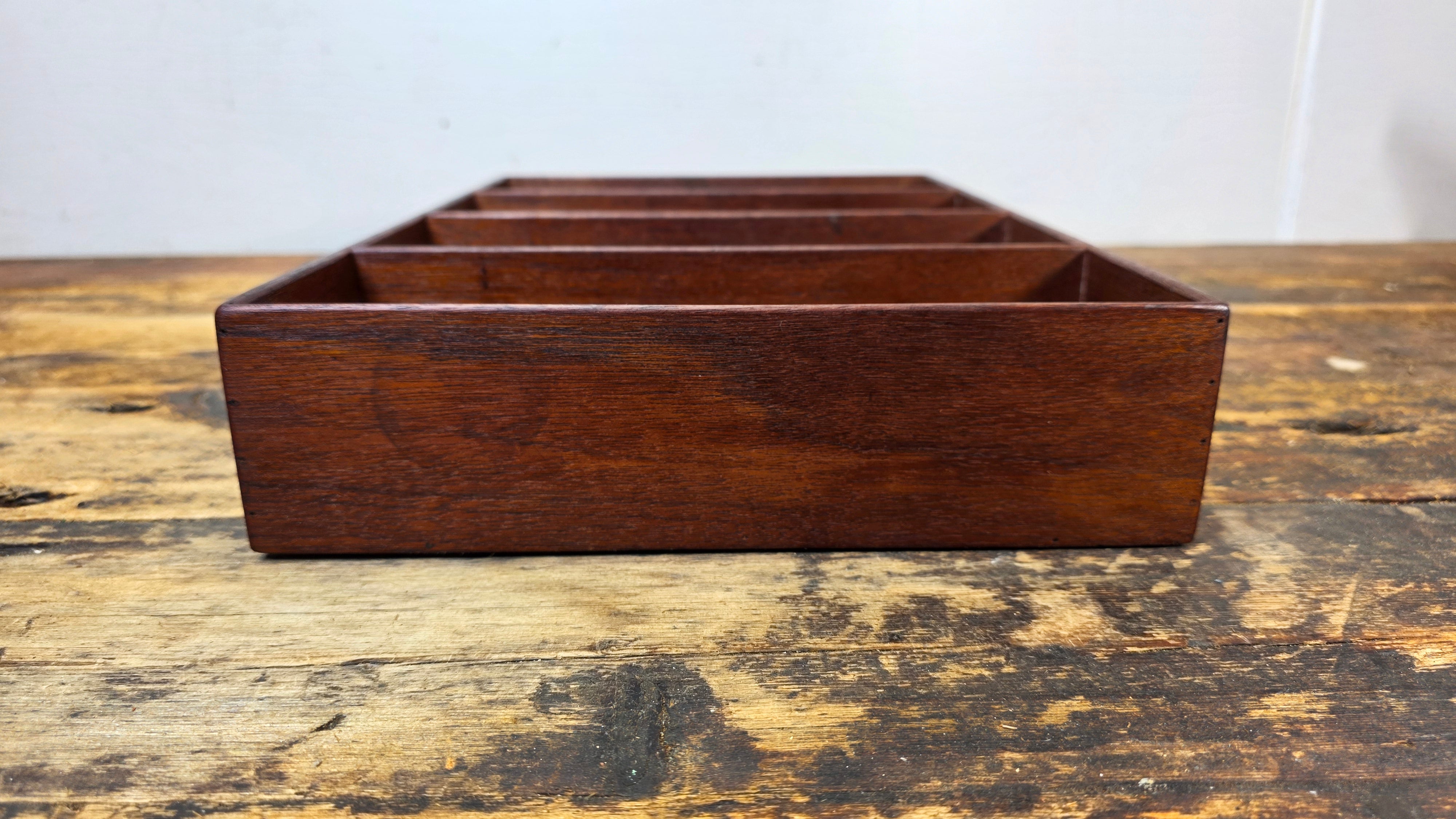 Vintage 4-Compartment Wooden Desk Organizer Tray with Pin-Nail Construction