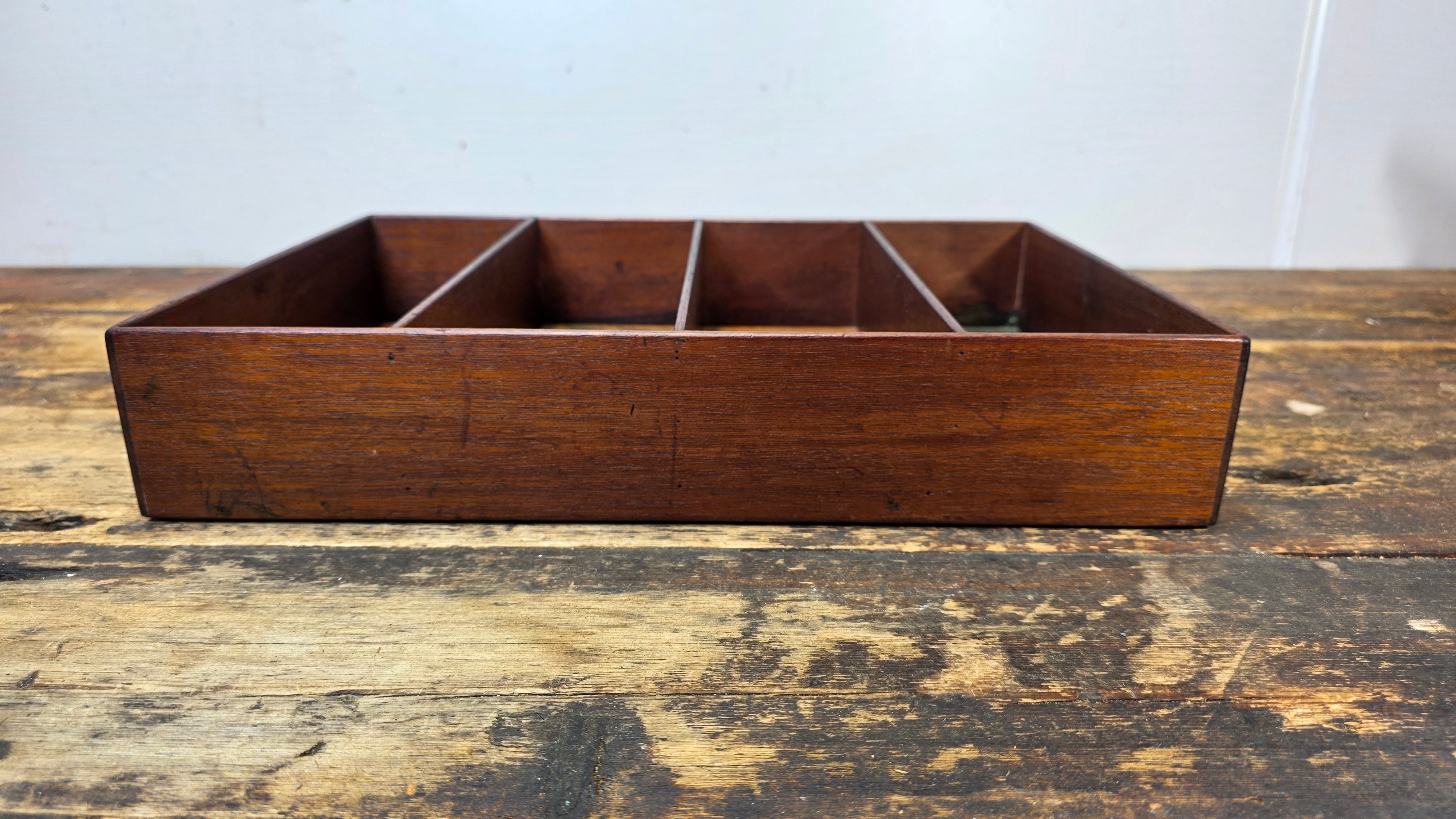 Vintage 4-Compartment Wooden Desk Organizer Tray with Pin-Nail Construction