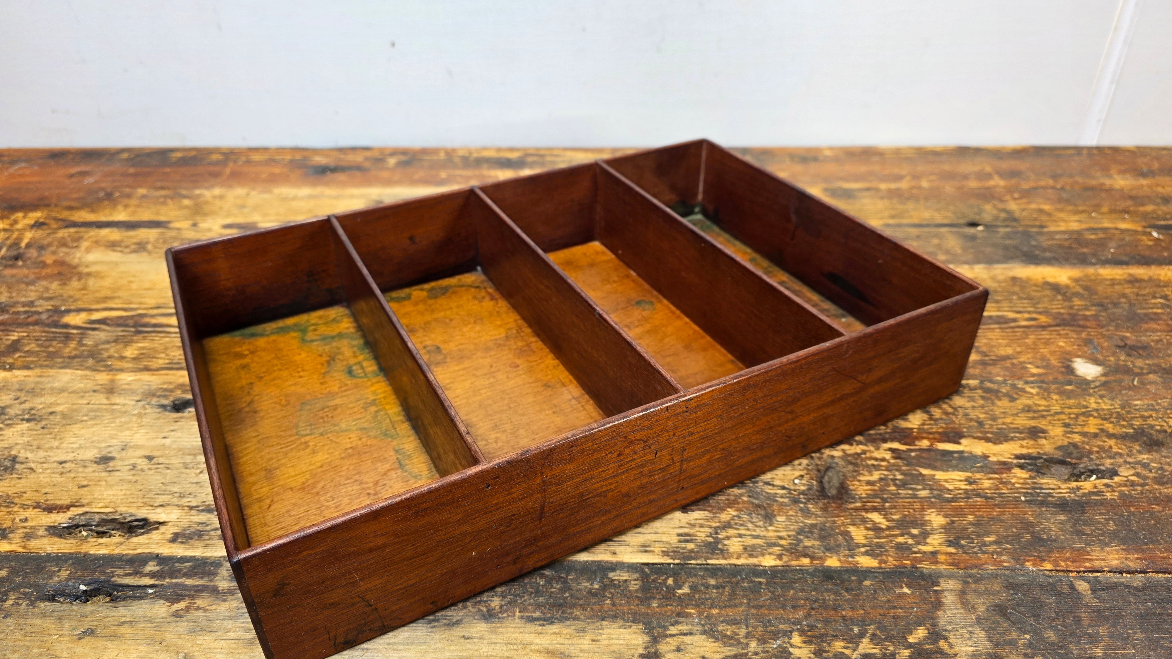 Vintage 4-Compartment Wooden Desk Organizer Tray with Pin-Nail Construction