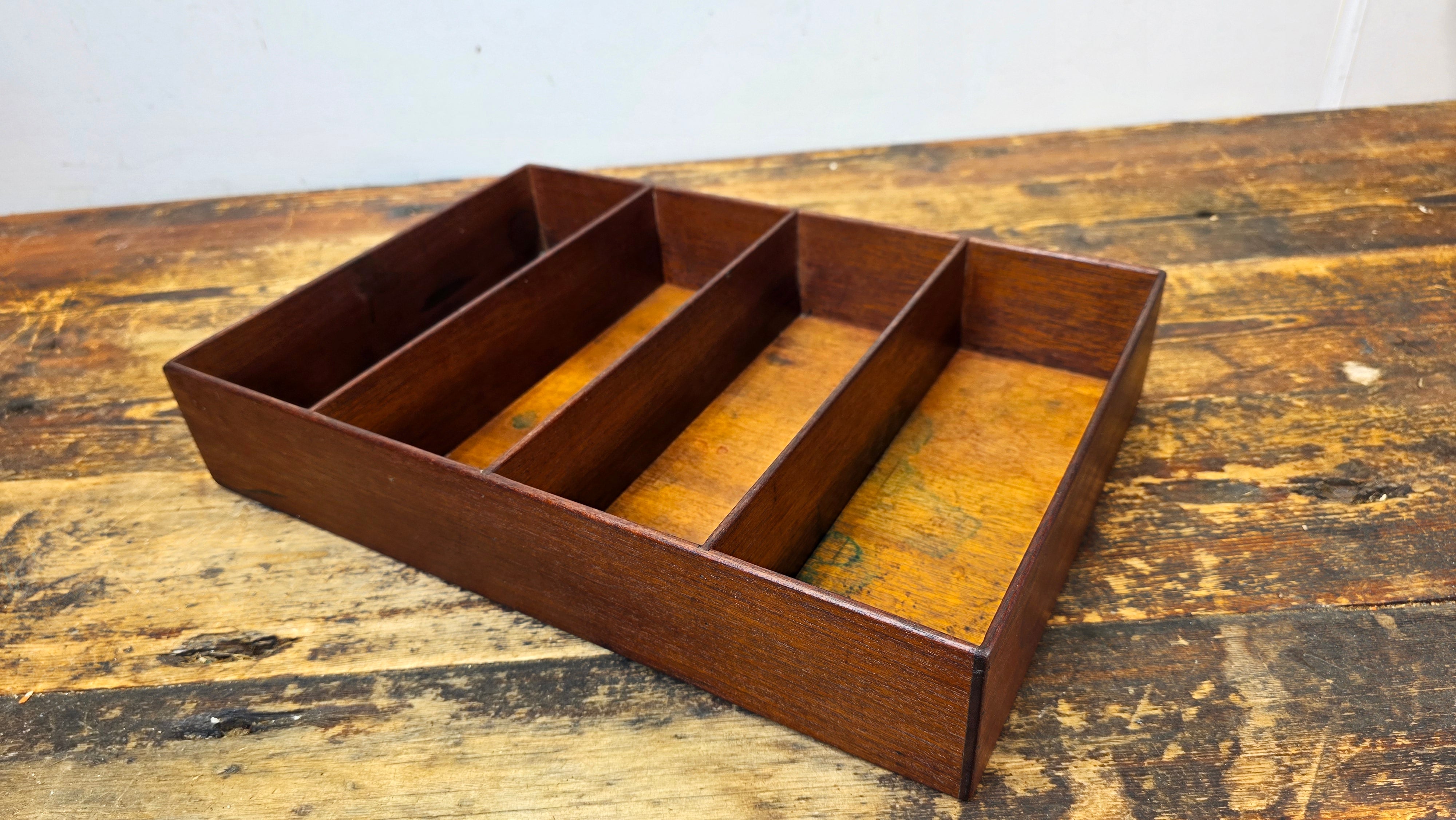 Vintage 4-Compartment Wooden Desk Organizer Tray with Pin-Nail Construction