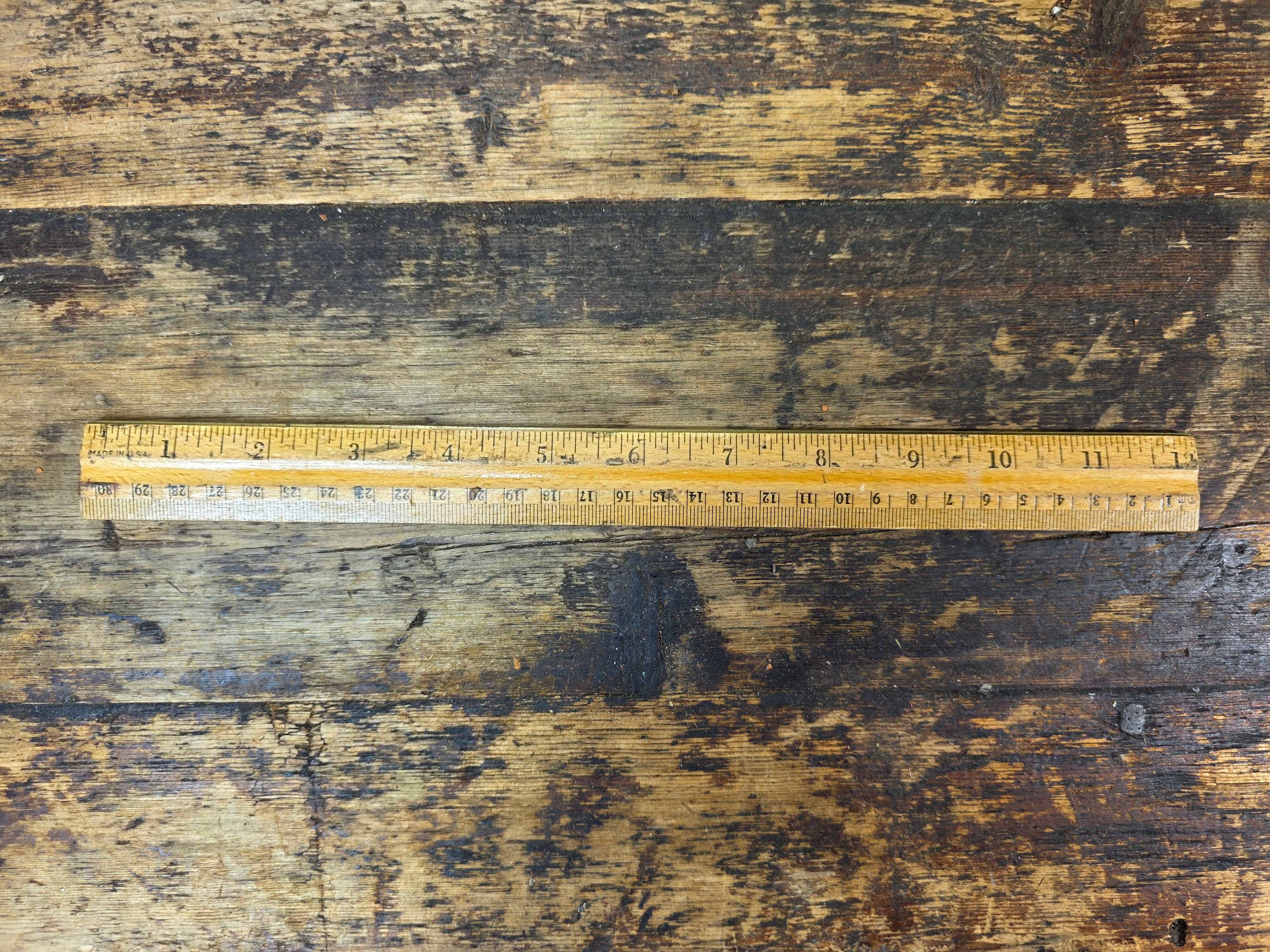 Vintage 12" Wooden Desk Ruler with Brass Edge - Made in USA - Drafting Tool