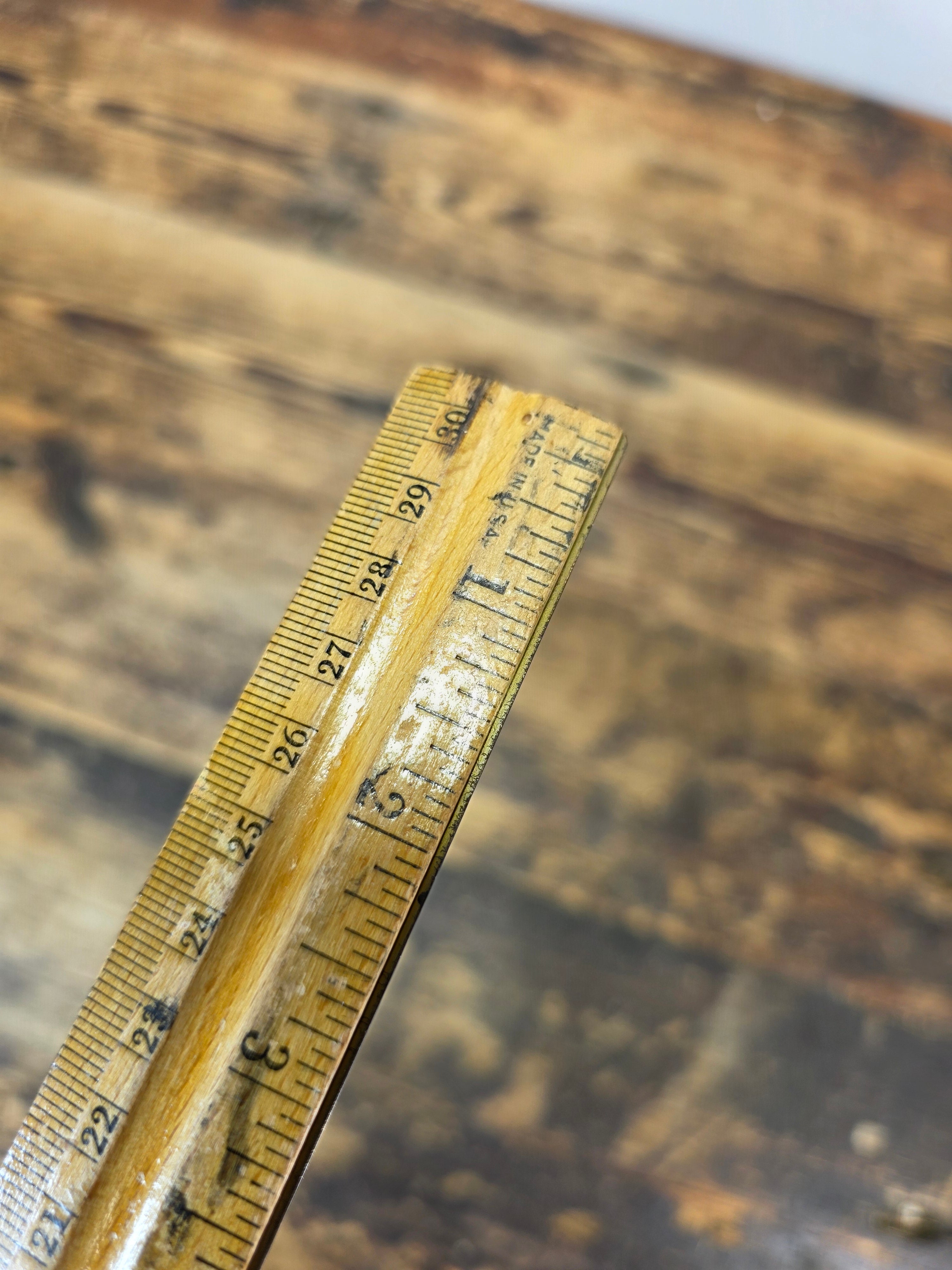 Vintage 12" Wooden Desk Ruler with Brass Edge - Made in USA - Drafting Tool