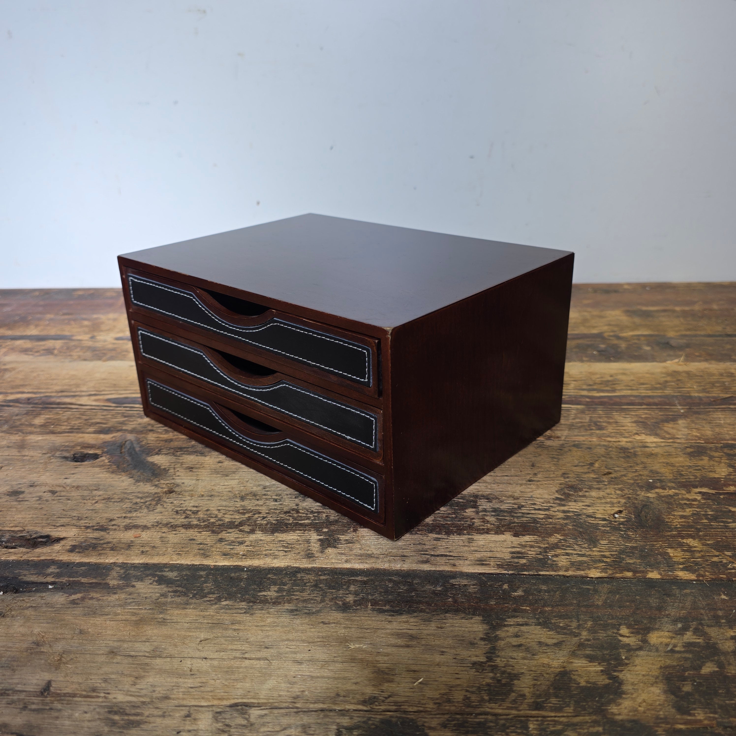 Levenger 3-Drawer Desktop Organizer Chest Wood & Stitched Leather Inlay