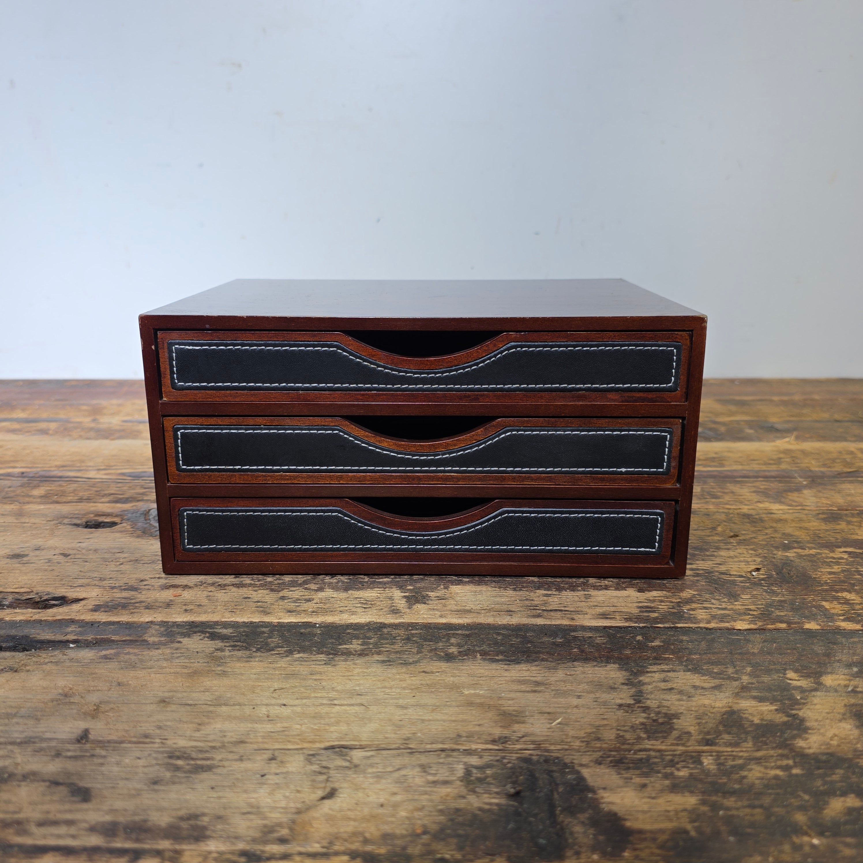 Levenger 3-Drawer Desktop Organizer Chest Wood & Stitched Leather Inlay
