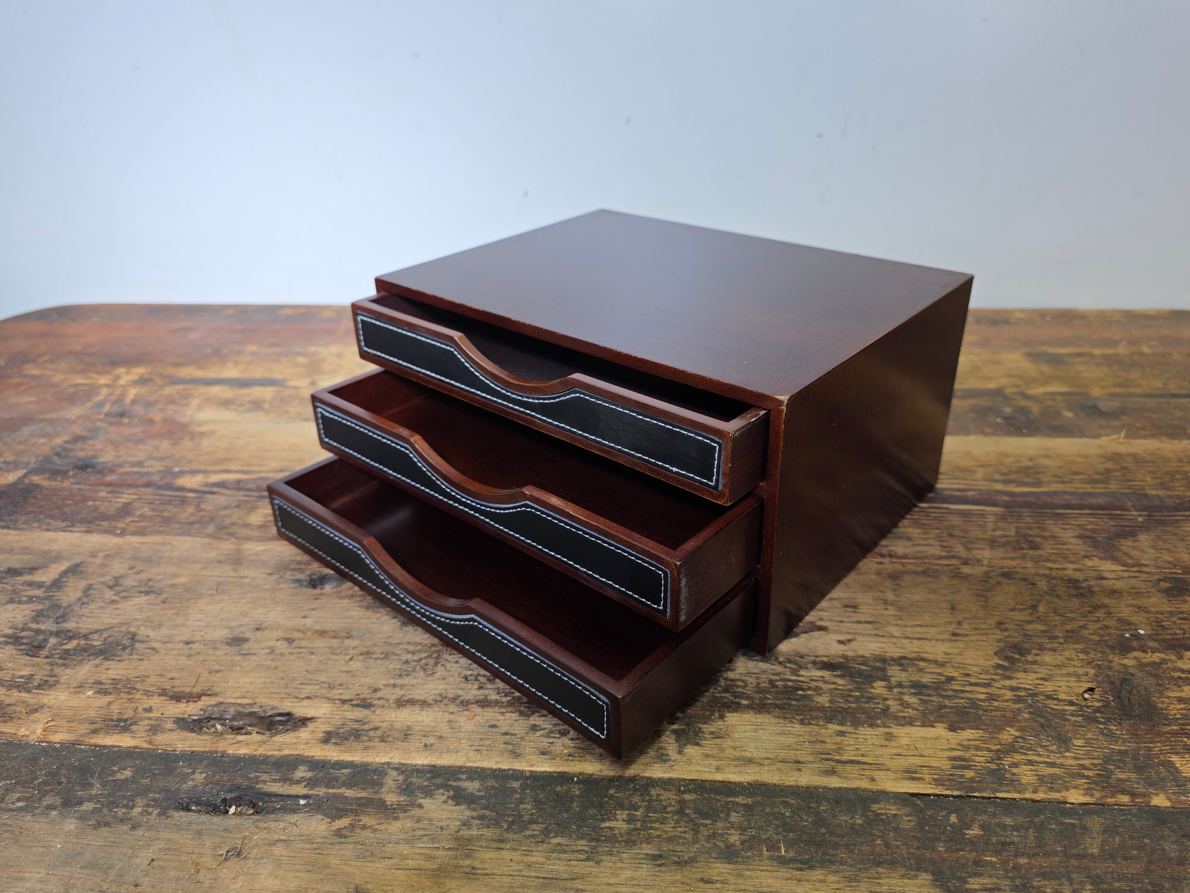 Levenger 3-Drawer Desktop Organizer Chest Wood & Stitched Leather Inlay