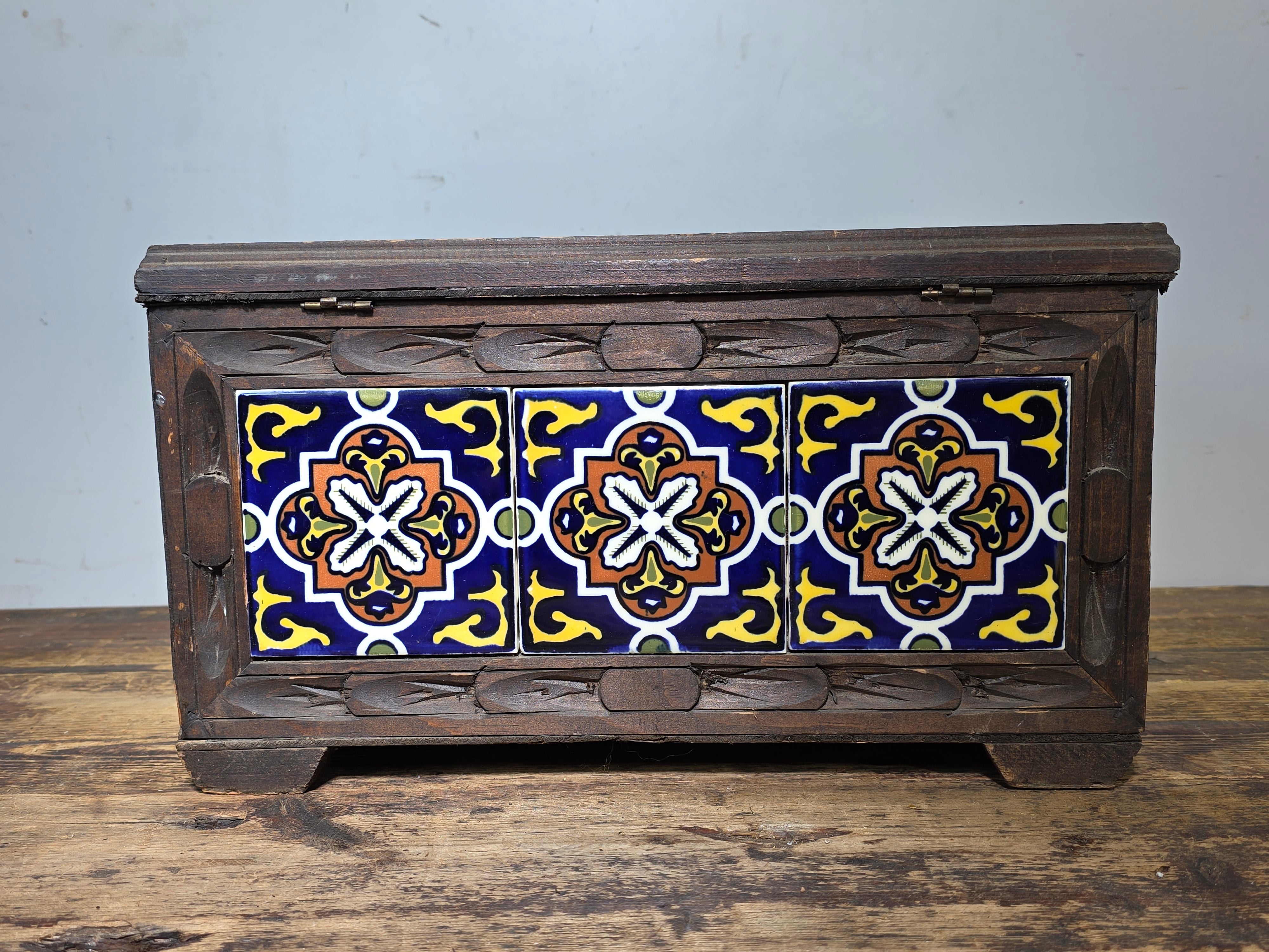 Vintage Hand-Carved Mexican Talavera Tile Inset Wood Trunk Chest Box