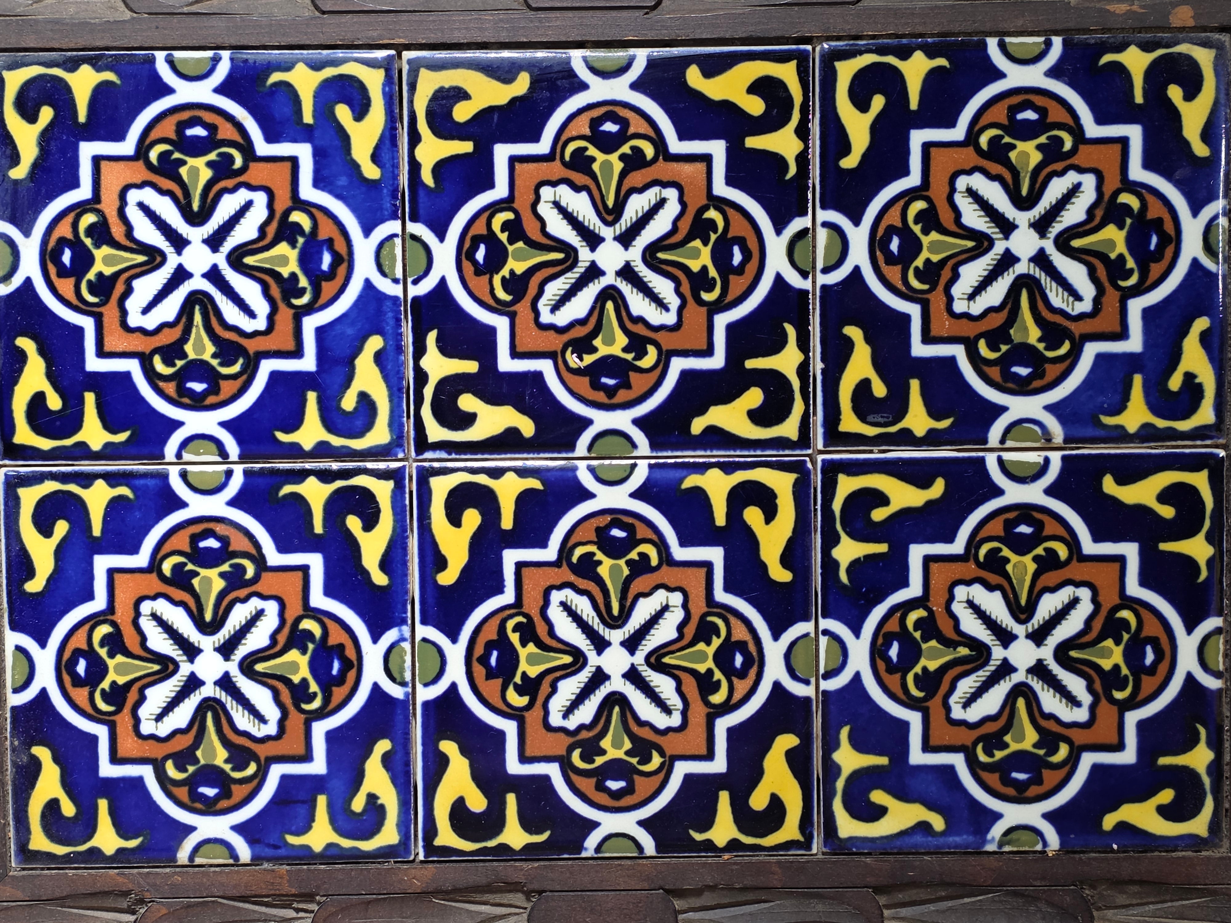 Vintage Hand-Carved Mexican Talavera Tile Inset Wood Trunk Chest Box