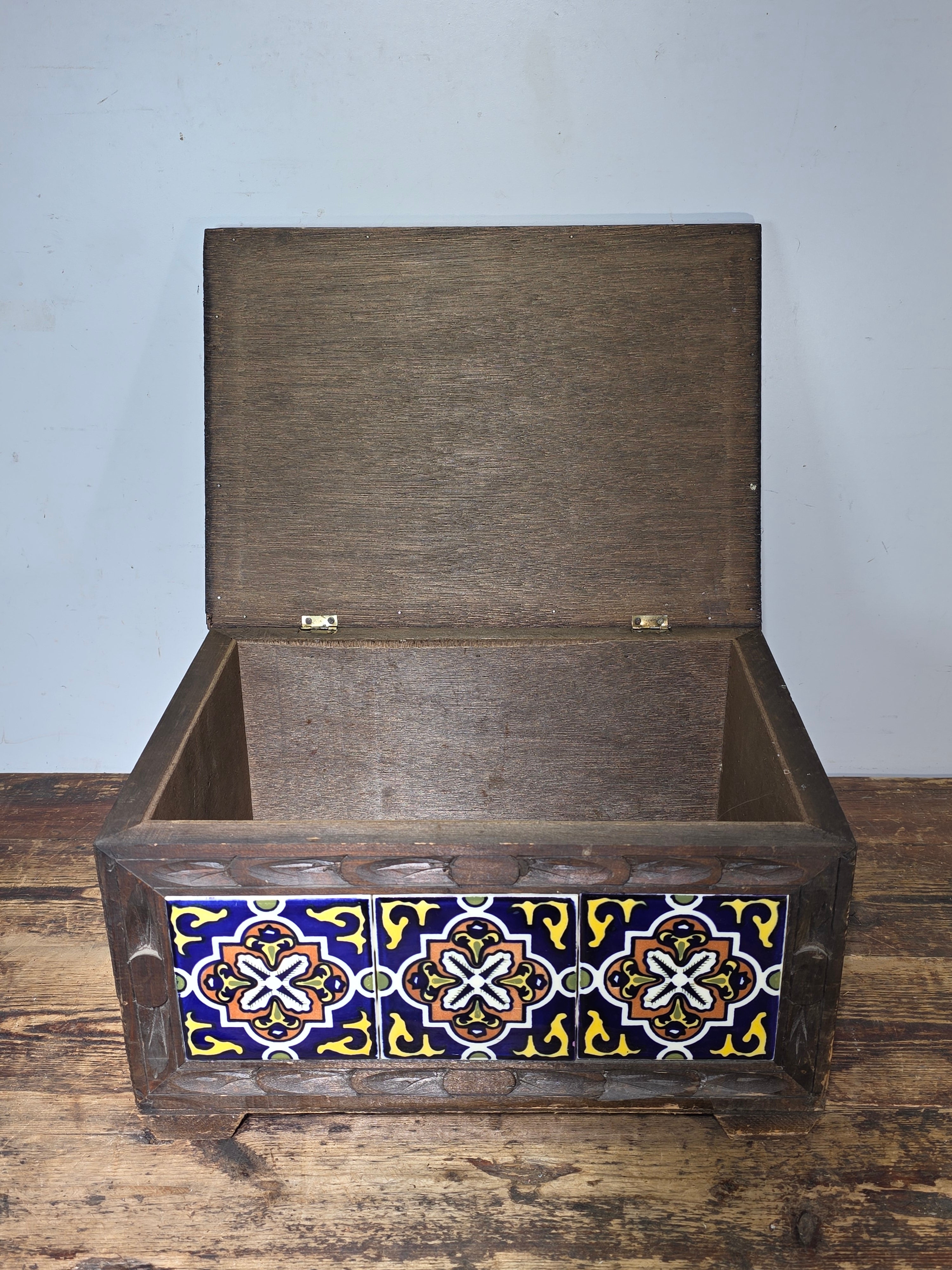 Vintage Hand-Carved Mexican Talavera Tile Inset Wood Trunk Chest Box