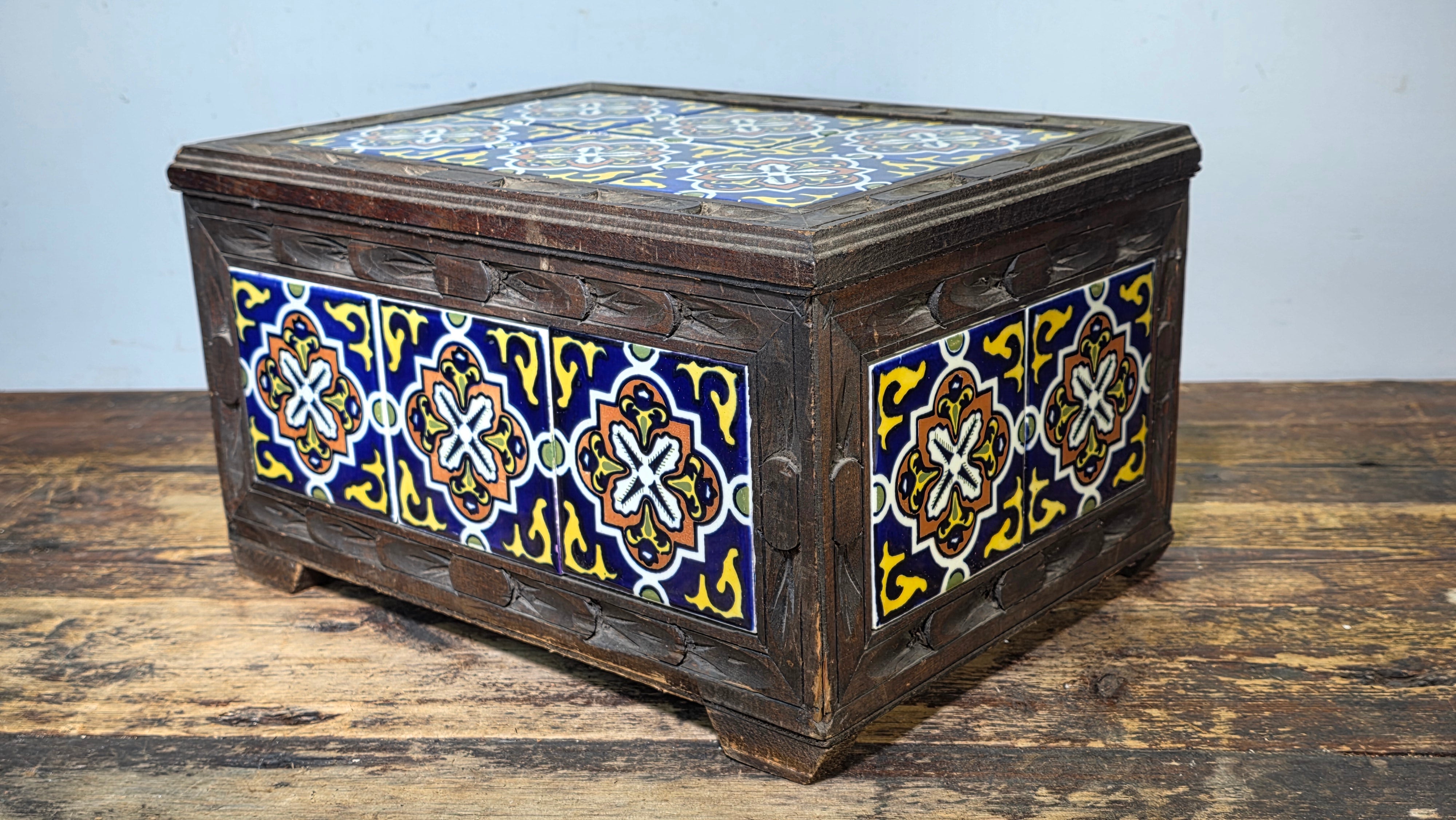 Vintage Hand-Carved Mexican Talavera Tile Inset Wood Trunk Chest Box