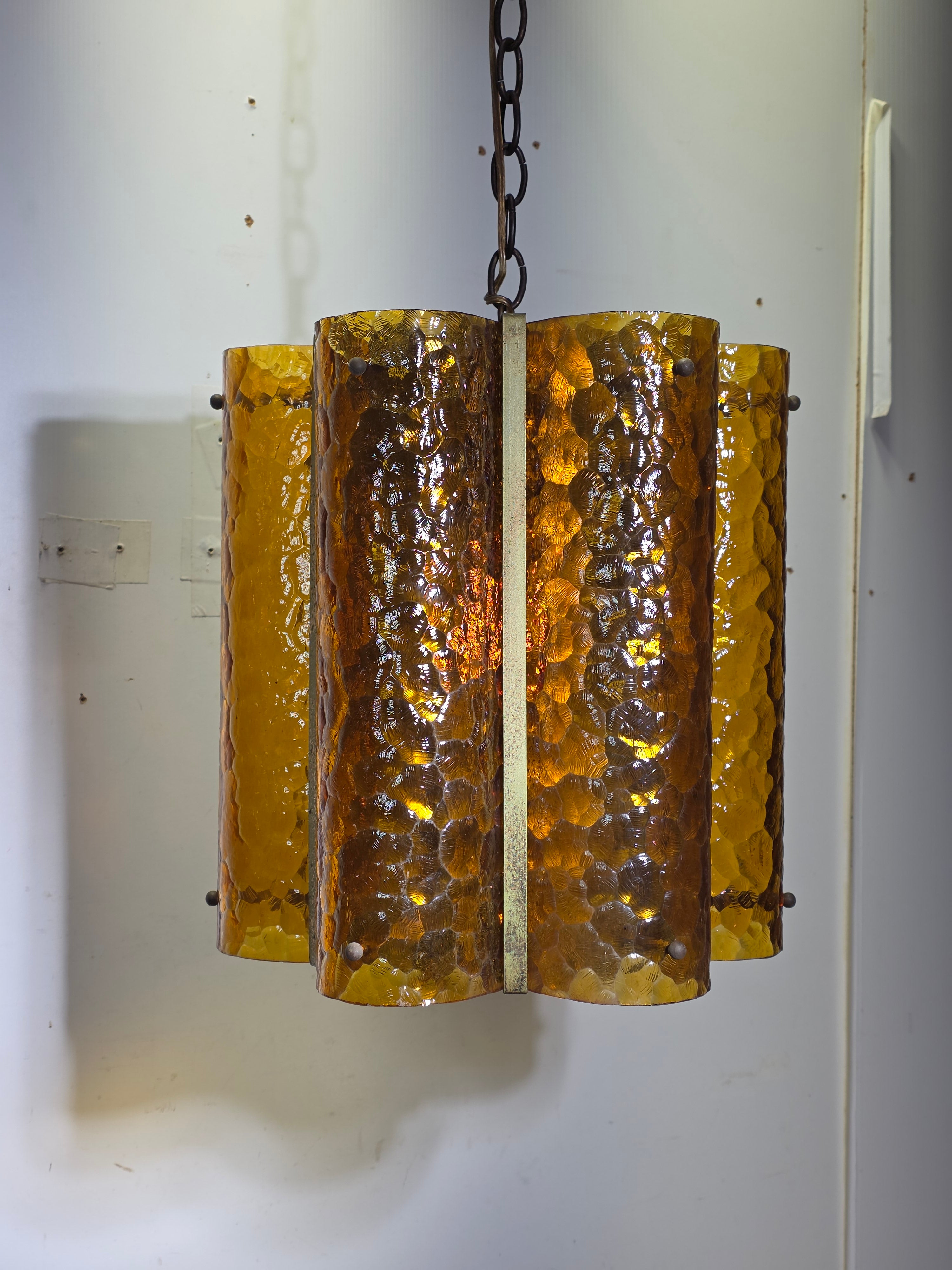 Vintage Mid Century Amber Textured Glass Swag Lamp Pendant Light MCM 60s Huge