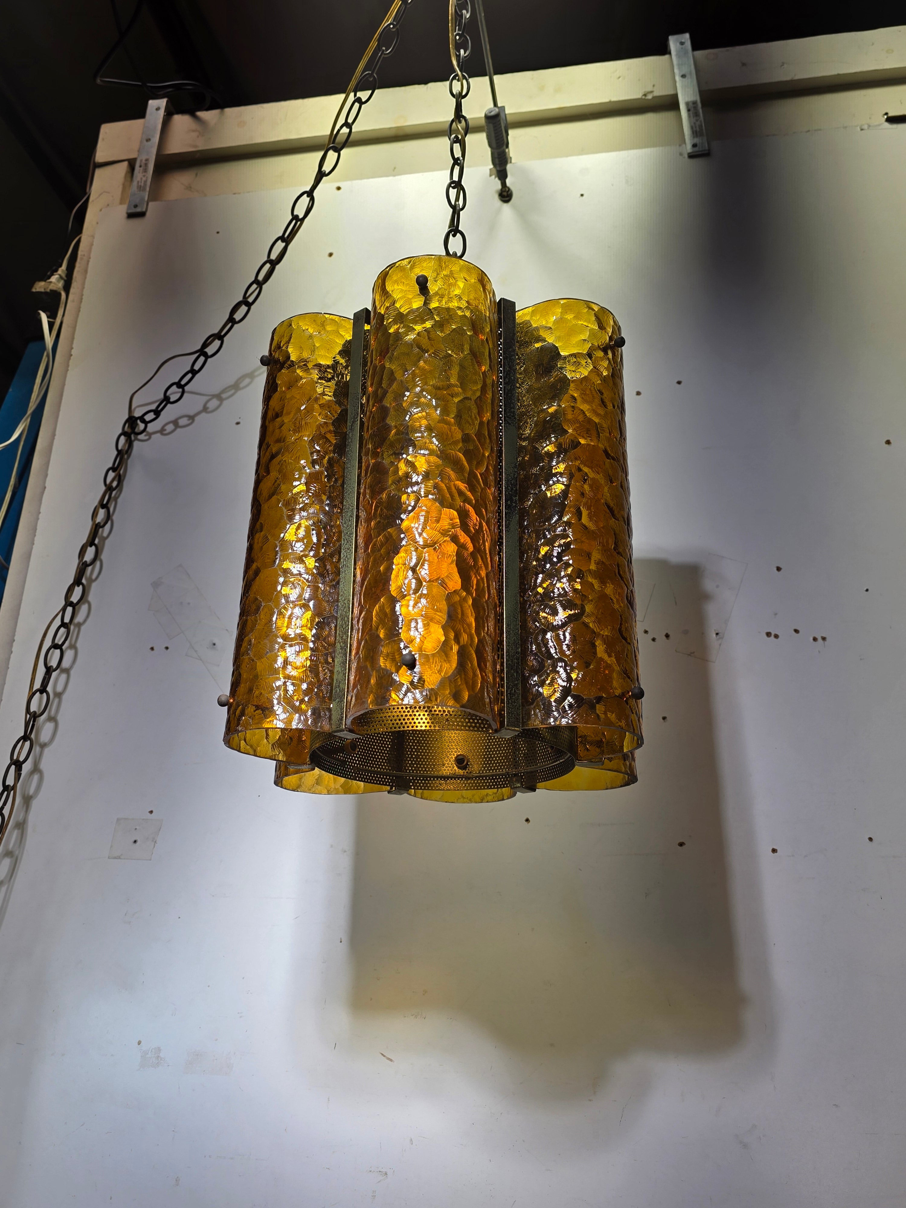 Vintage Mid Century Amber Textured Glass Swag Lamp Pendant Light MCM 60s Huge