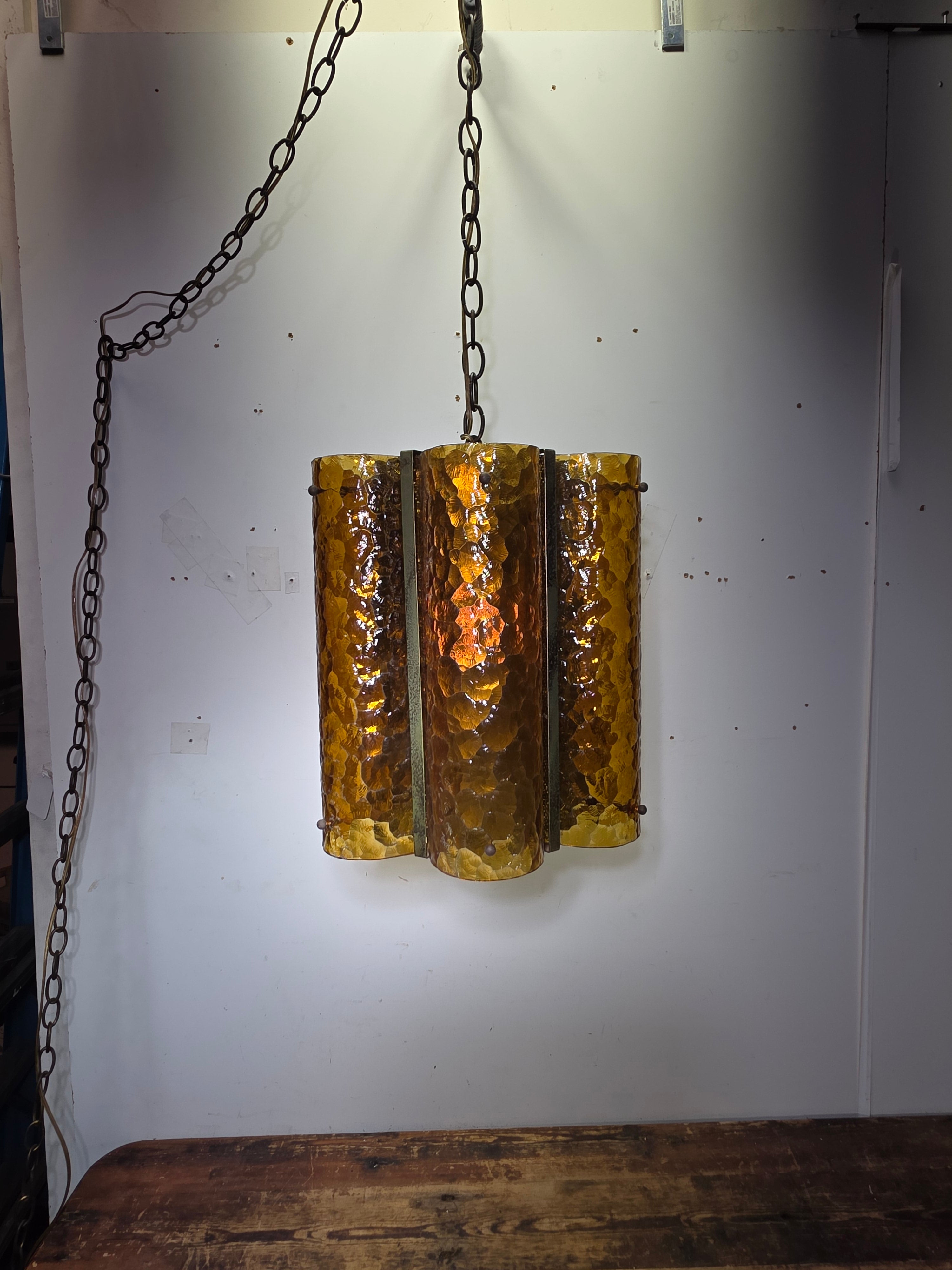 Vintage Mid Century Amber Textured Glass Swag Lamp Pendant Light MCM 60s Huge