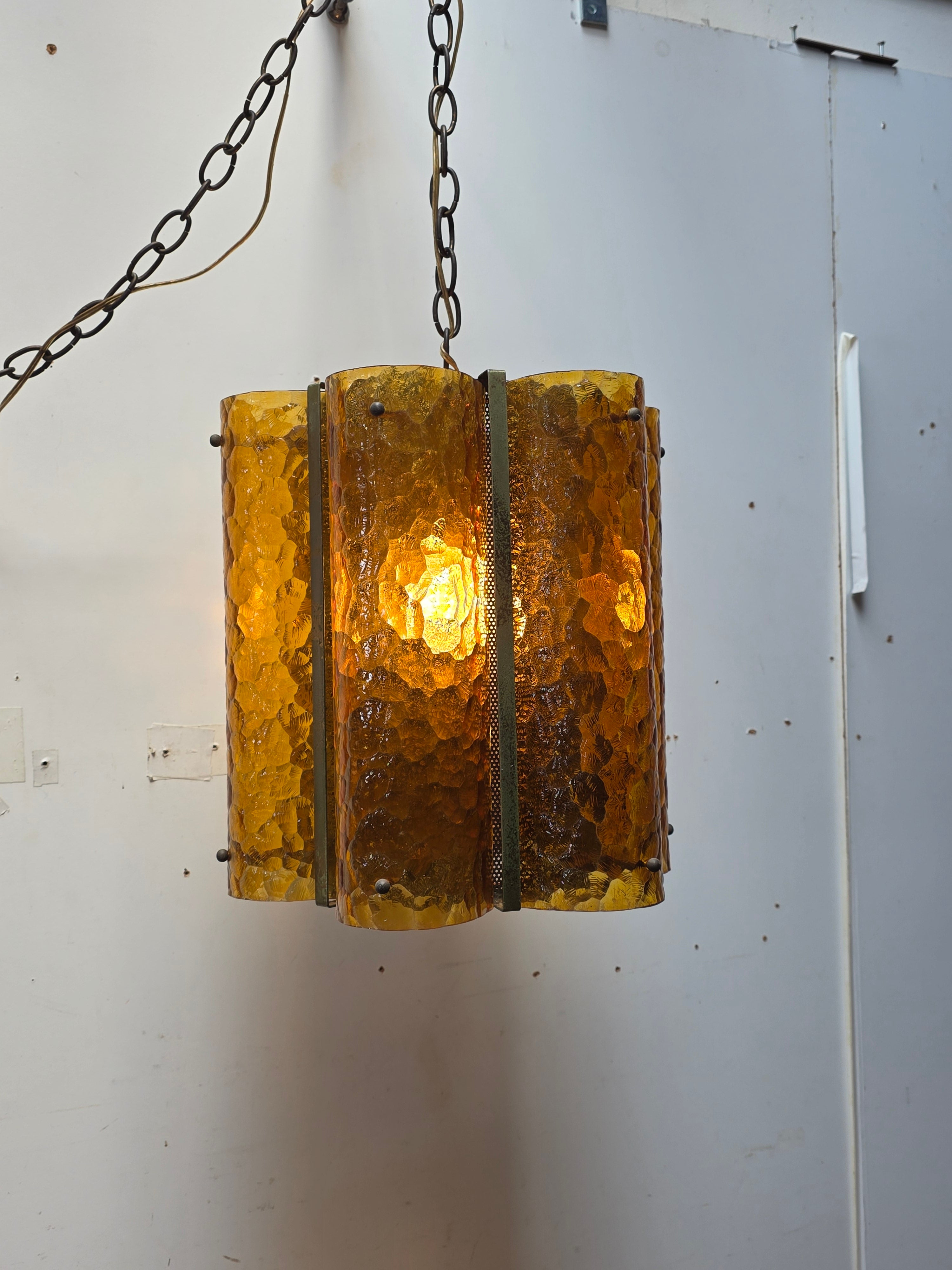 Vintage Mid Century Amber Textured Glass Swag Lamp Pendant Light MCM 60s Huge