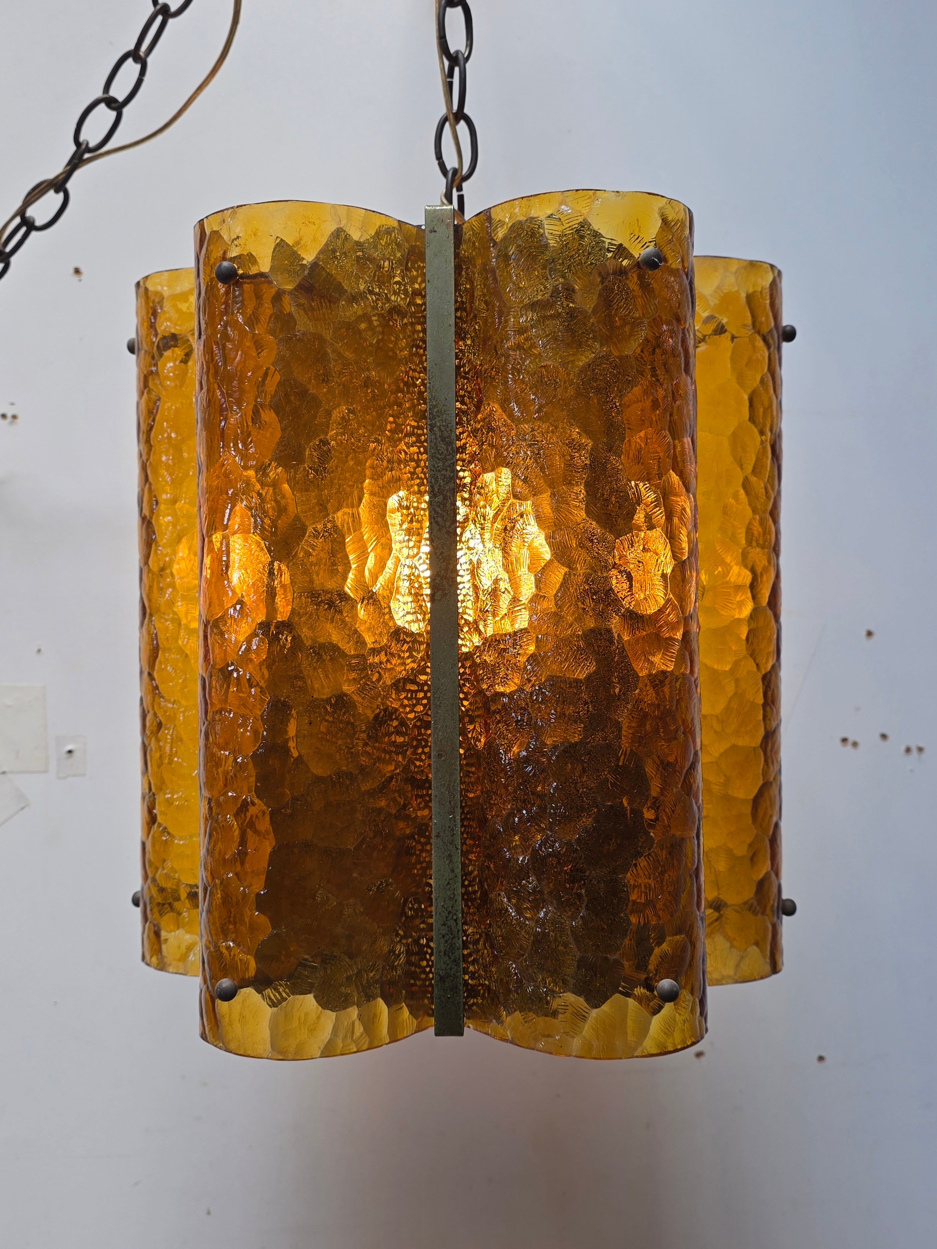 Vintage Mid Century Amber Textured Glass Swag Lamp Pendant Light MCM 60s Huge