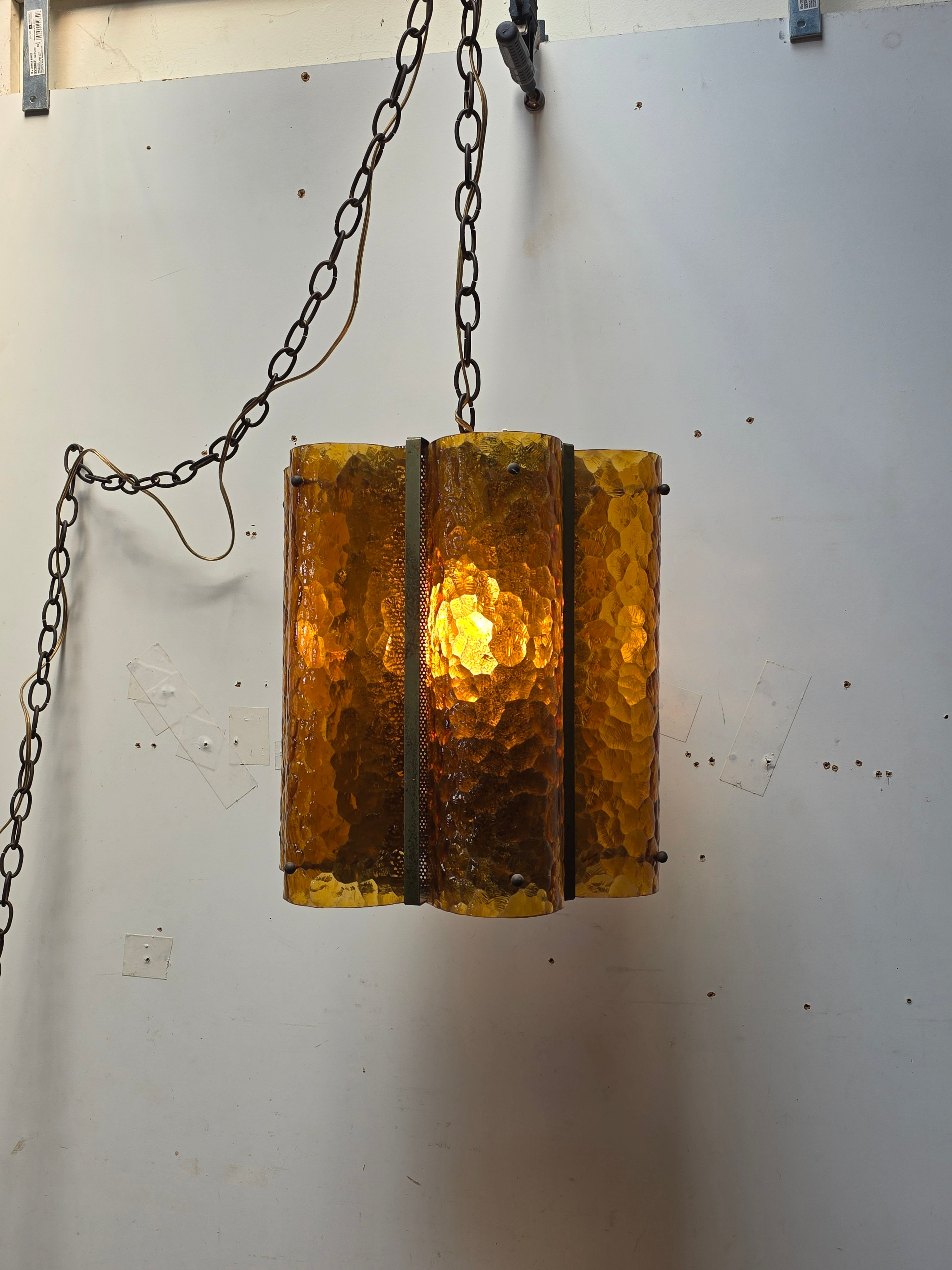 Vintage Mid Century Amber Textured Glass Swag Lamp Pendant Light MCM 60s Huge