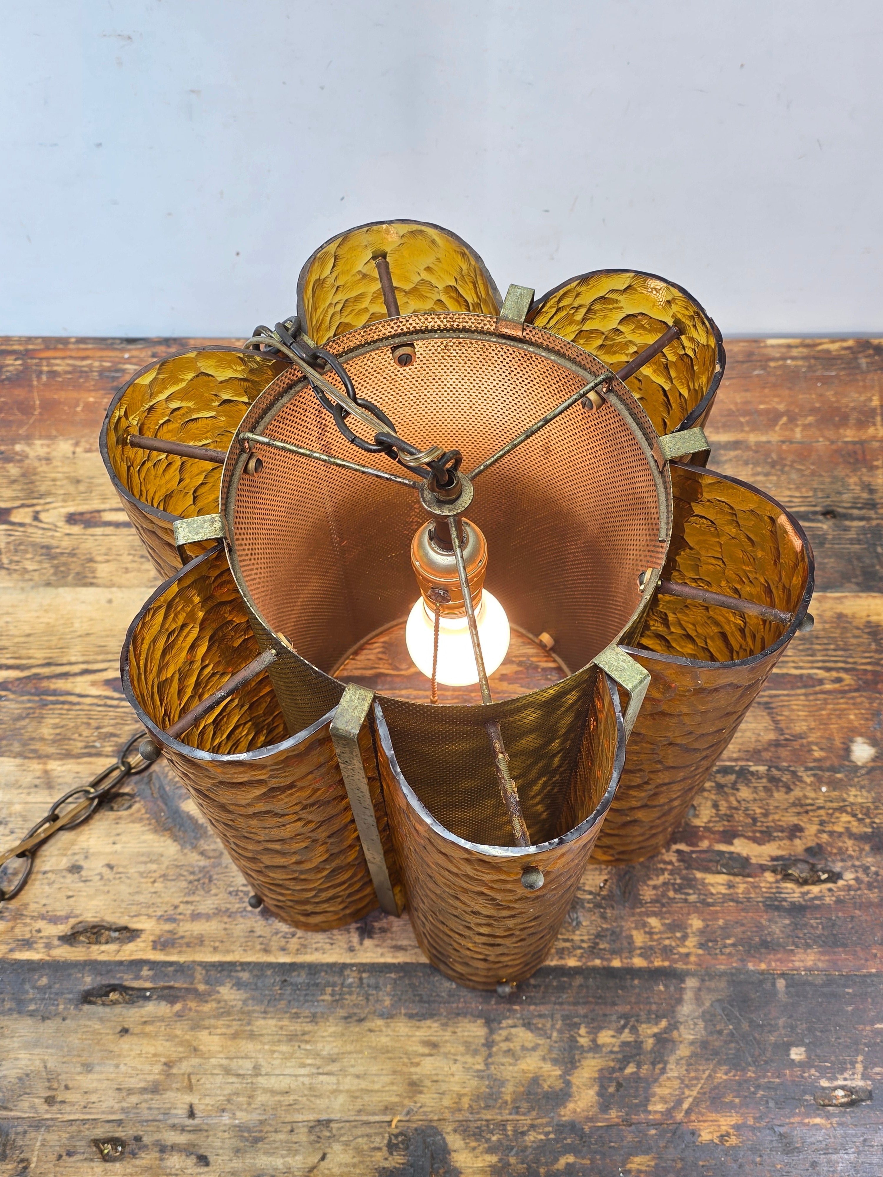 Vintage Mid Century Amber Textured Glass Swag Lamp Pendant Light MCM 60s Huge