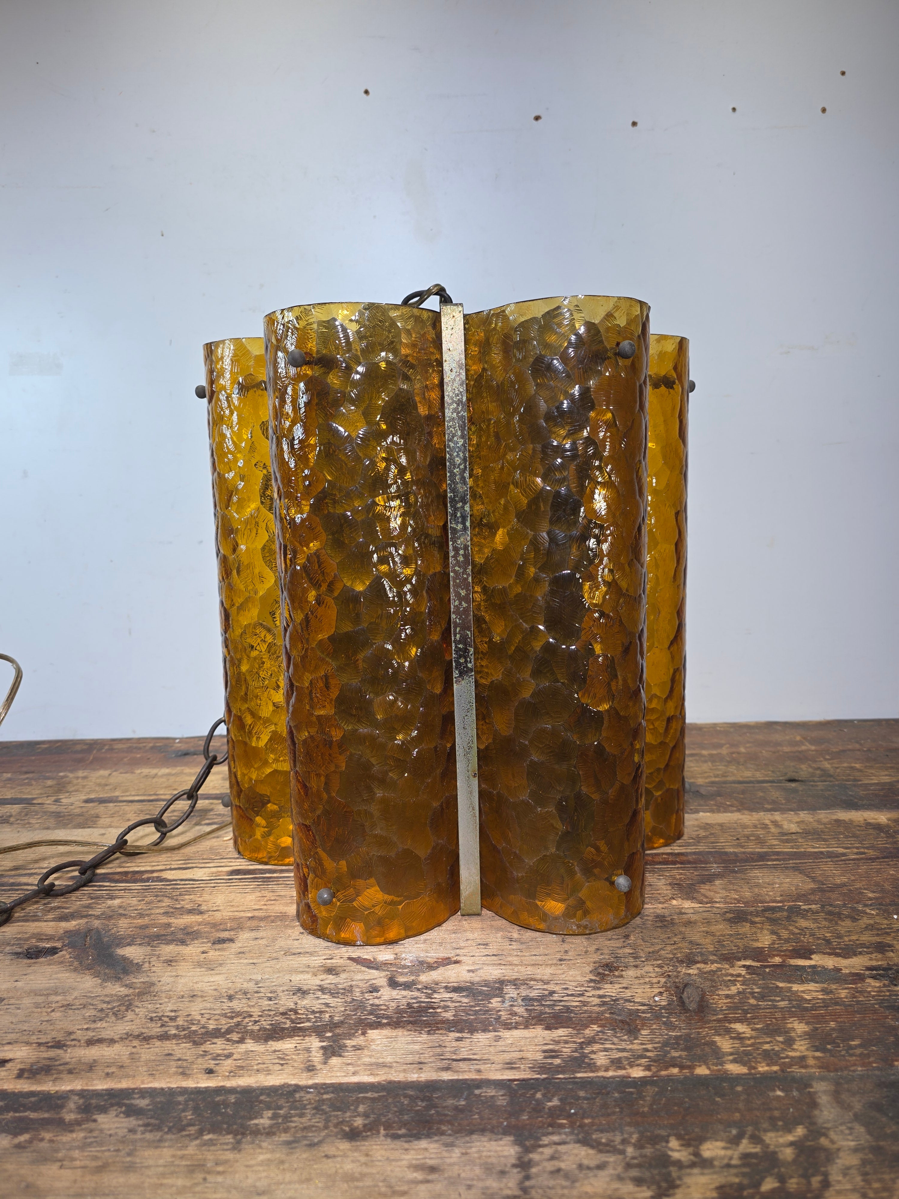 Vintage Mid Century Amber Textured Glass Swag Lamp Pendant Light MCM 60s Huge