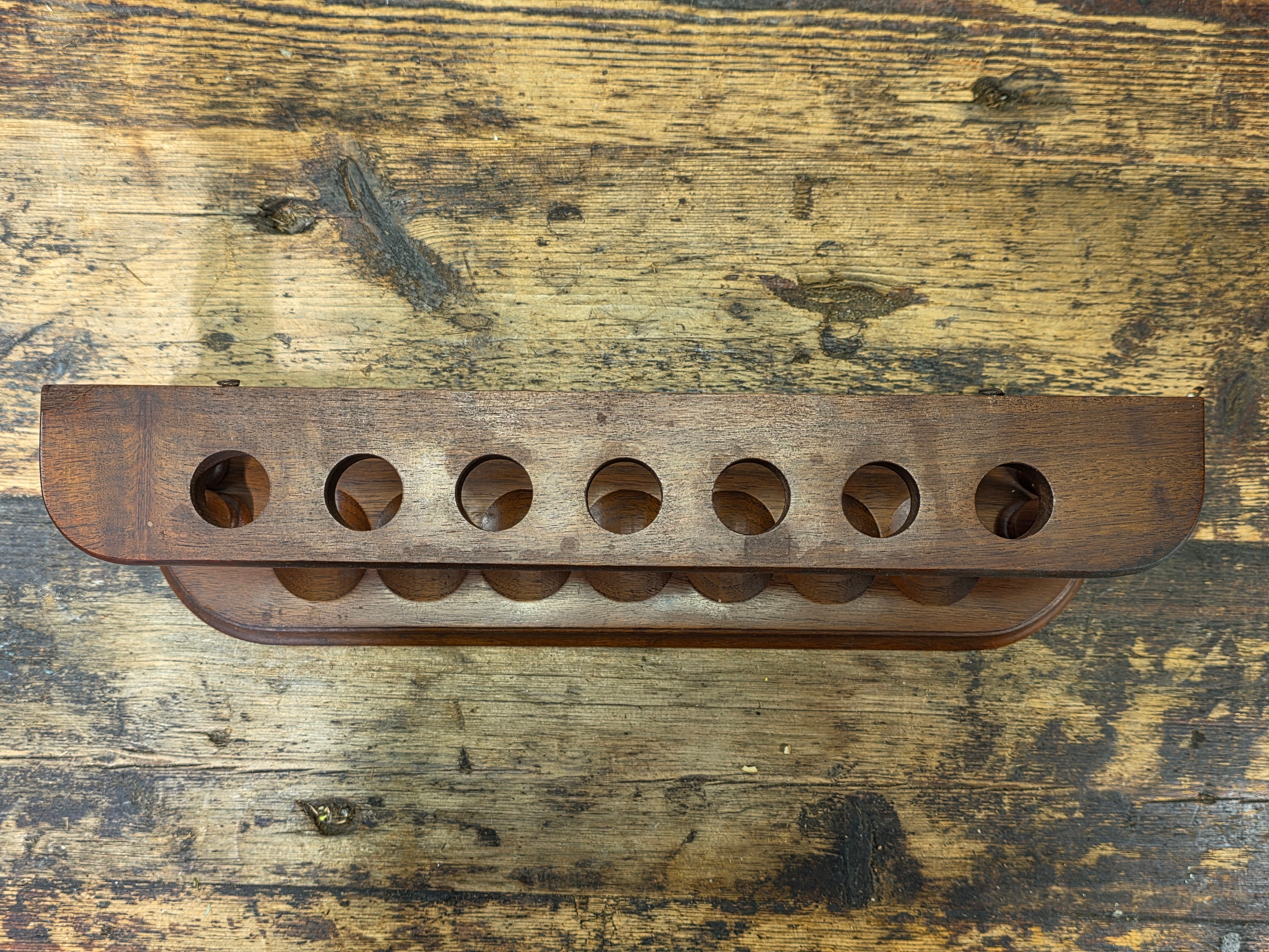 Vintage Mid Century Modern Wood Pipe Rack Holder Wall Mount Stand 7 Slot MCM