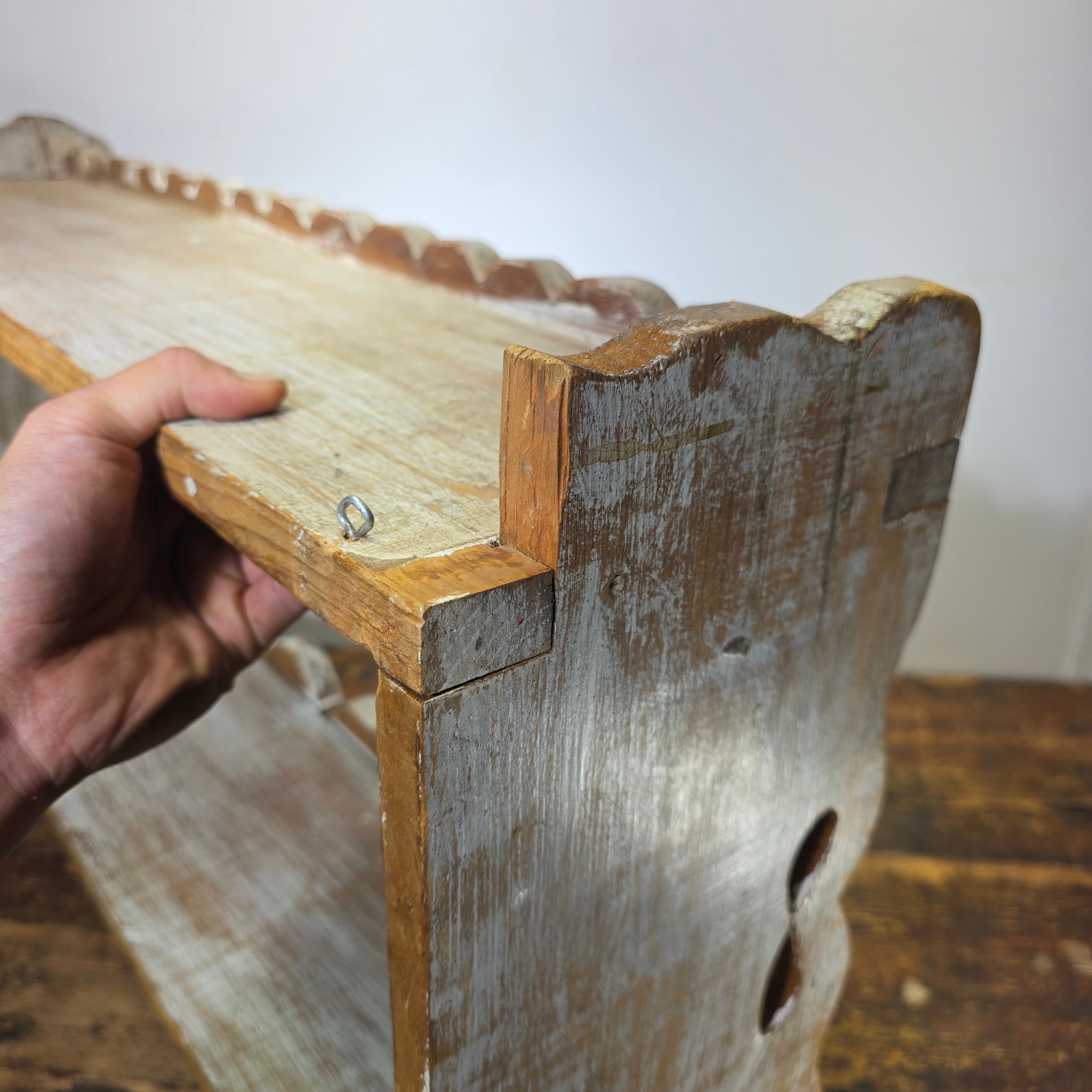 Vintage Mexican Wood Wall Shelf Scalloped Pine Rustic Farmhouse Towel Bar Mexico