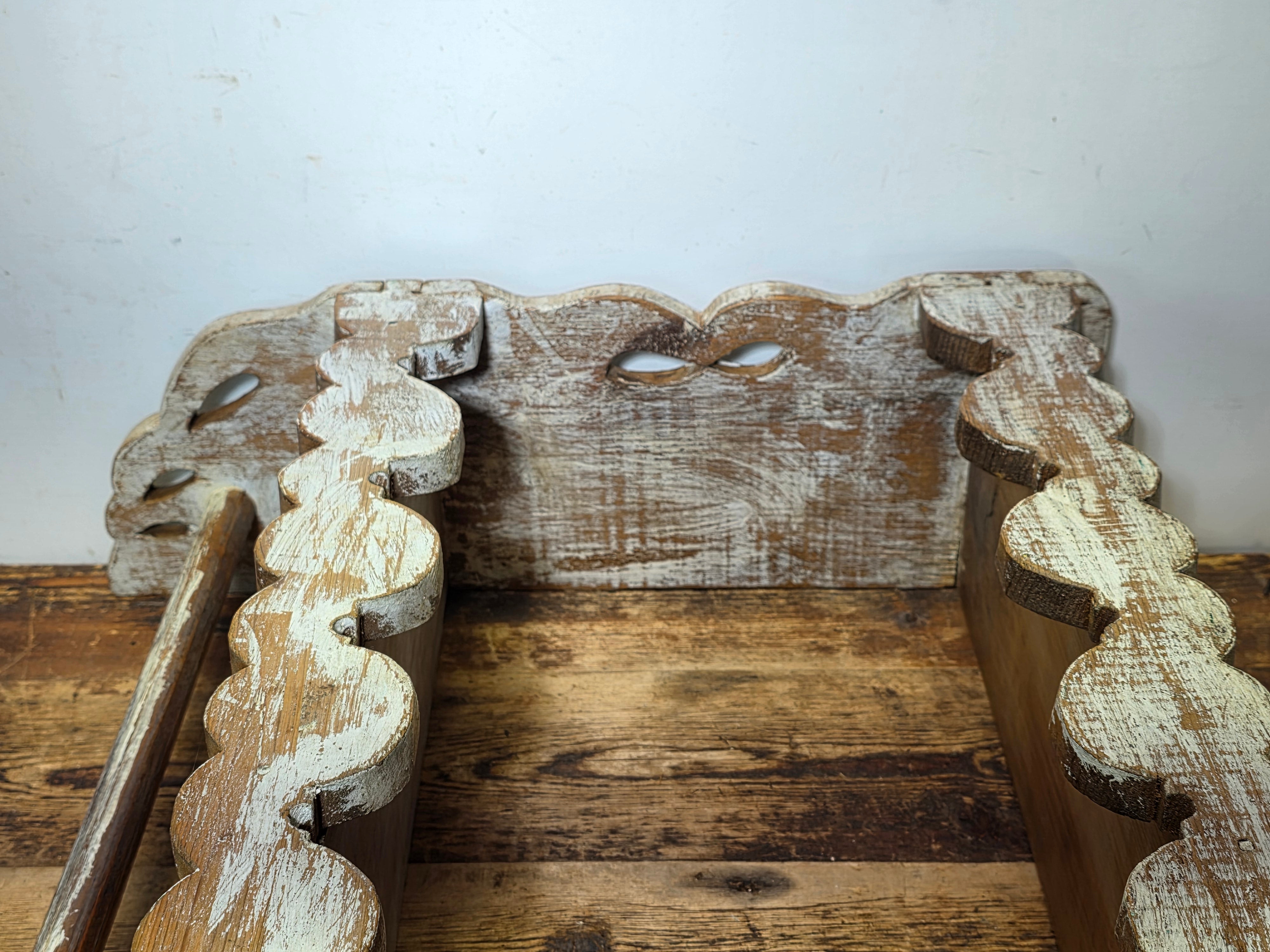 Vintage Mexican Wood Wall Shelf Scalloped Pine Rustic Farmhouse Towel Bar Mexico
