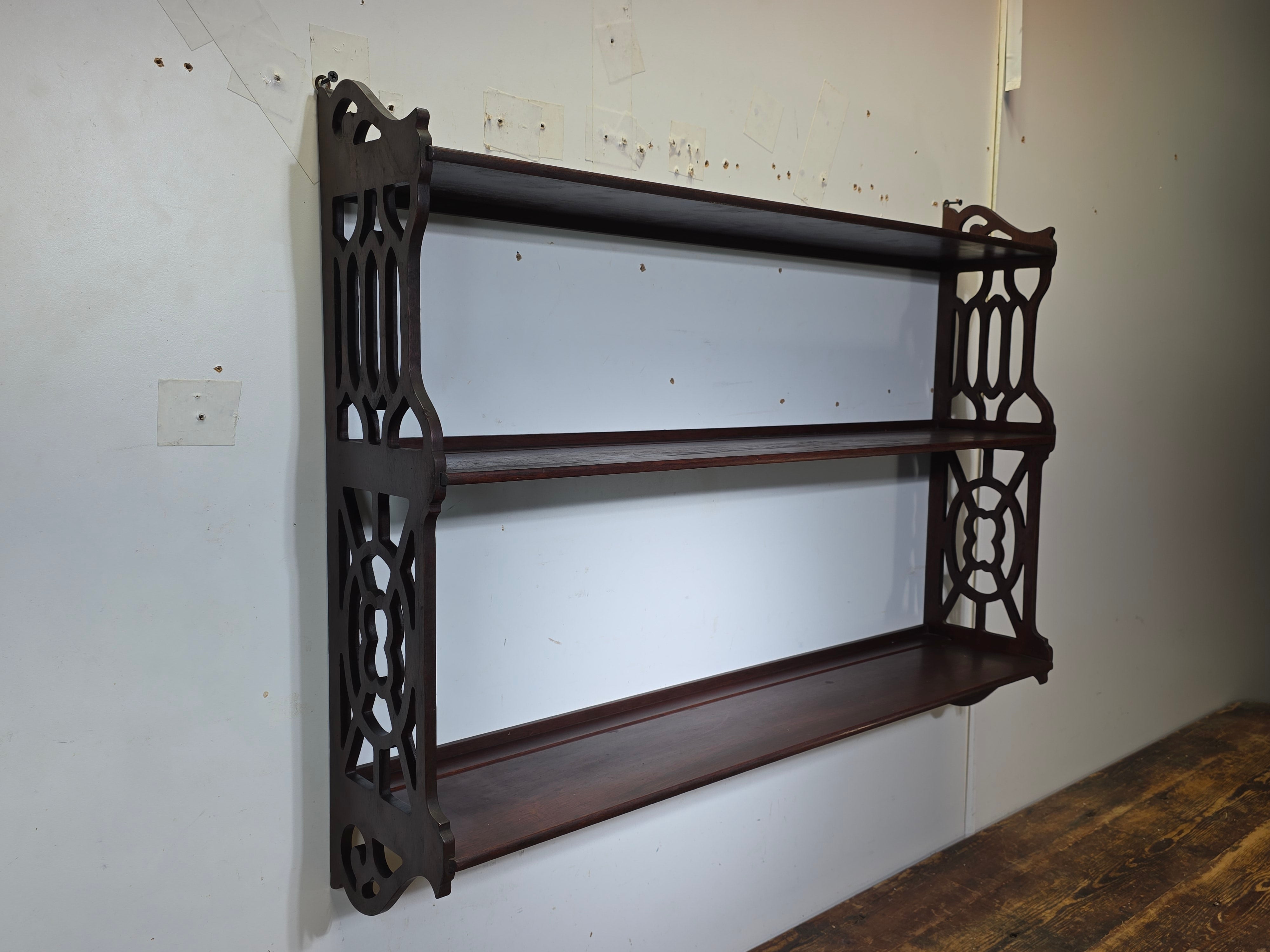 Vintage Gothic Chippendale Wall Shelf 3 Tier Display 33" Plate Groove Dark Wood