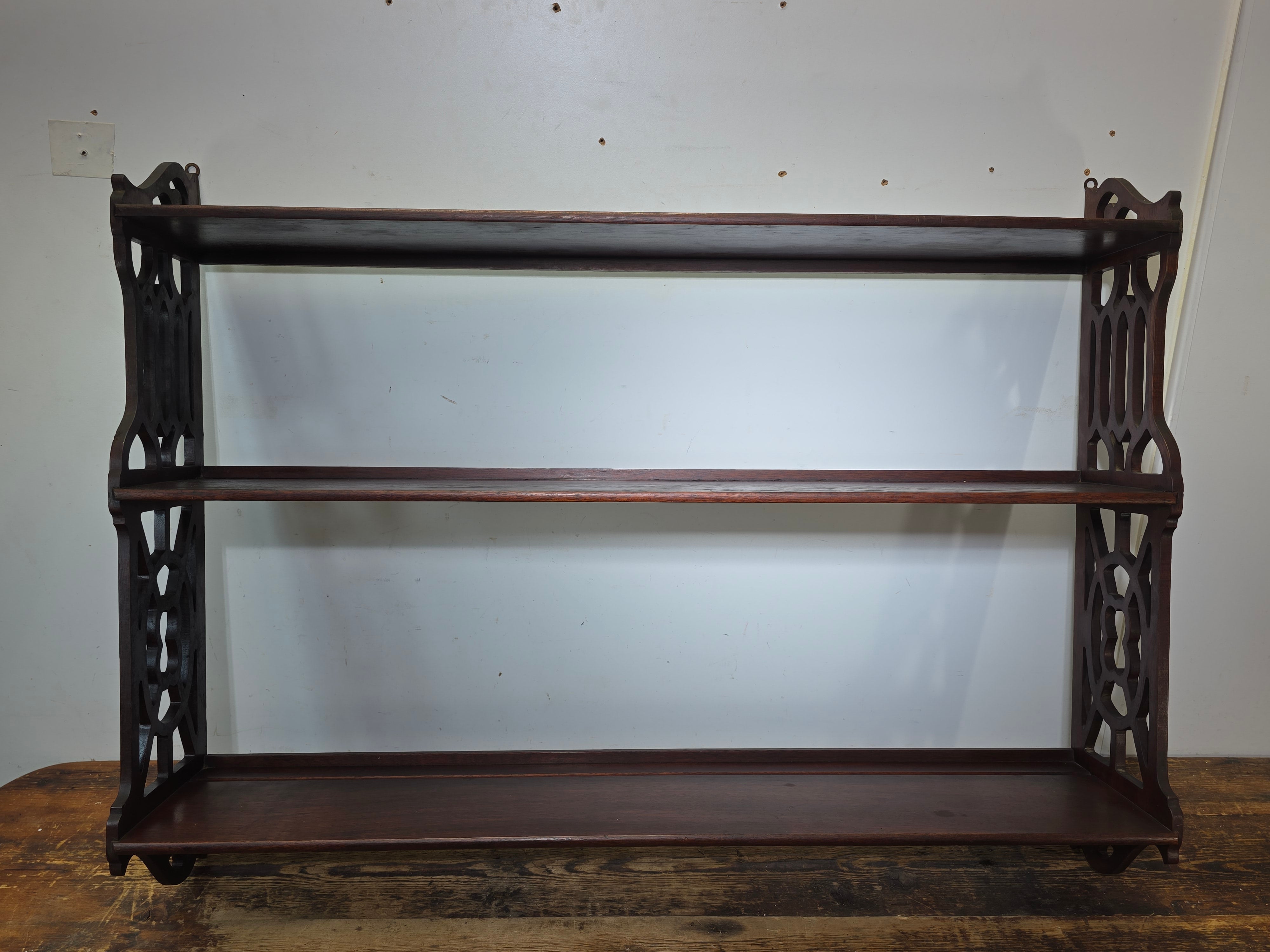 Vintage Gothic Chippendale Wall Shelf 3 Tier Display 33" Plate Groove Dark Wood