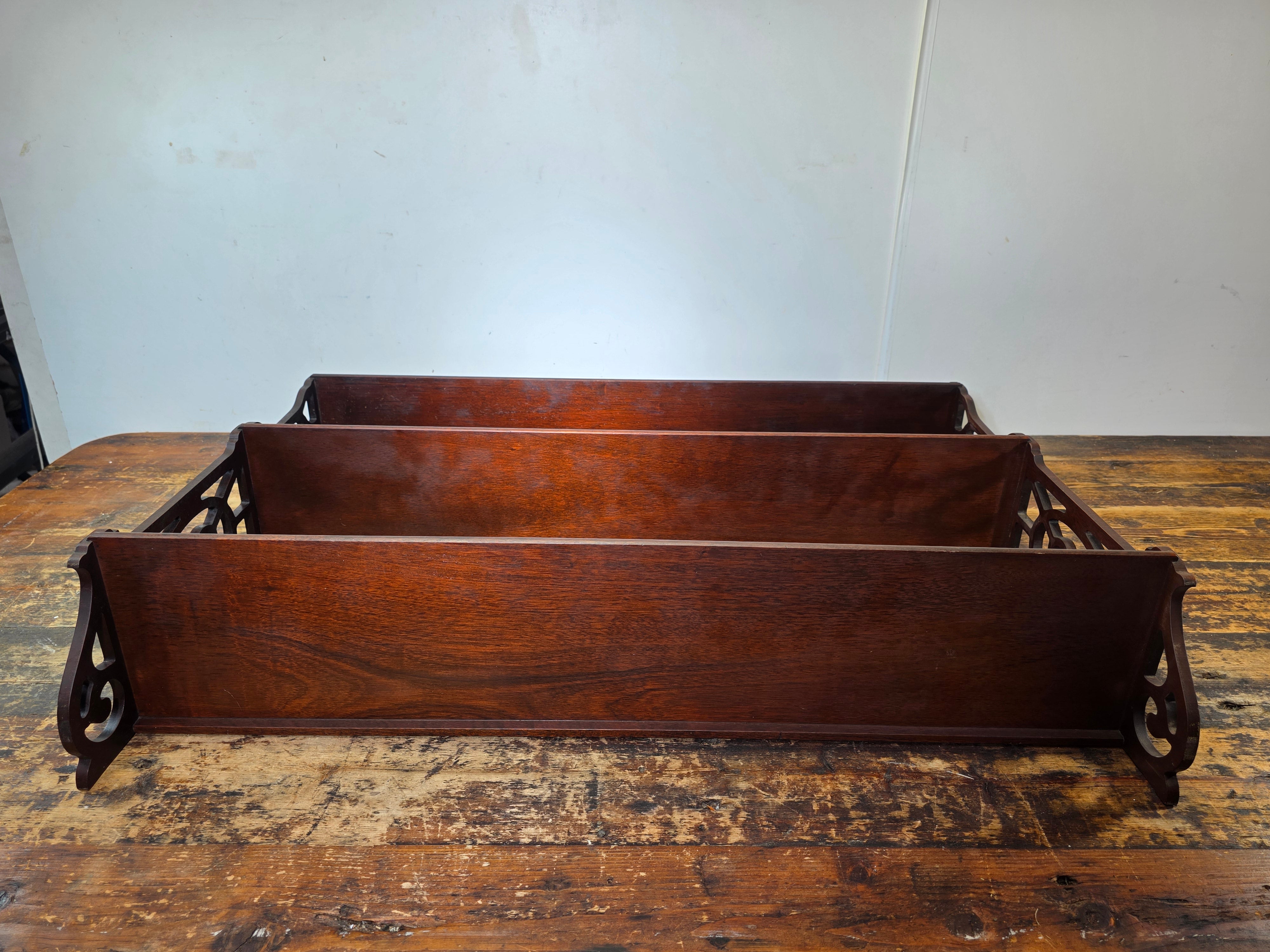 Vintage Gothic Chippendale Wall Shelf 3 Tier Display 33" Plate Groove Dark Wood