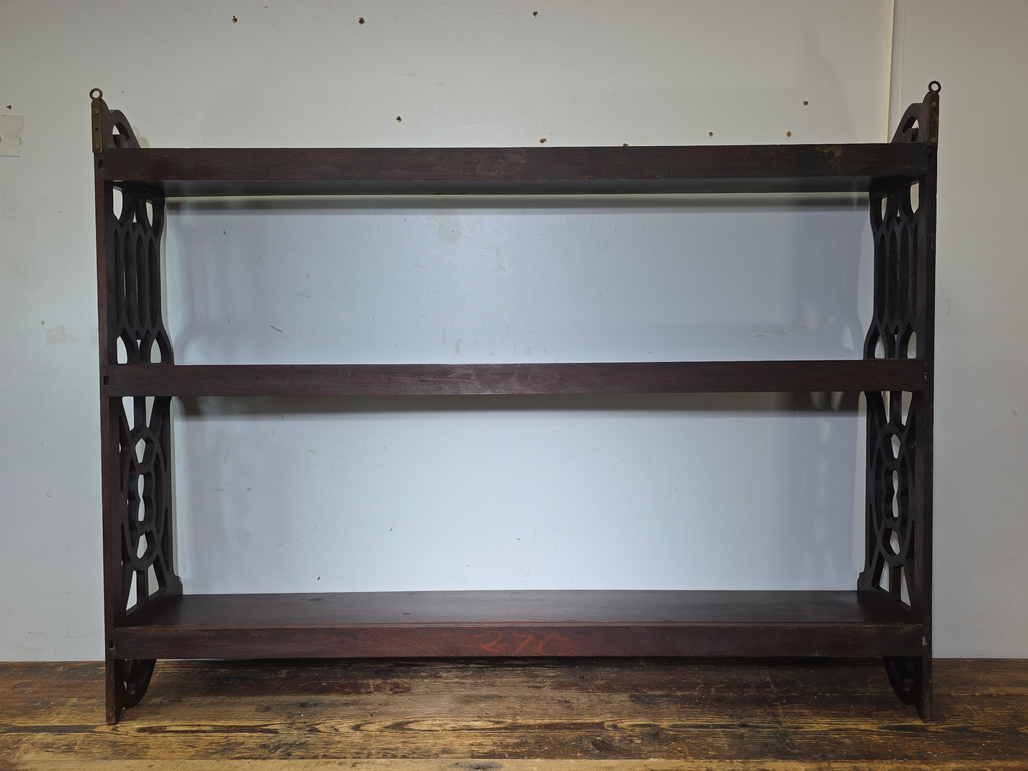 Vintage Gothic Chippendale Wall Shelf 3 Tier Display 33" Plate Groove Dark Wood