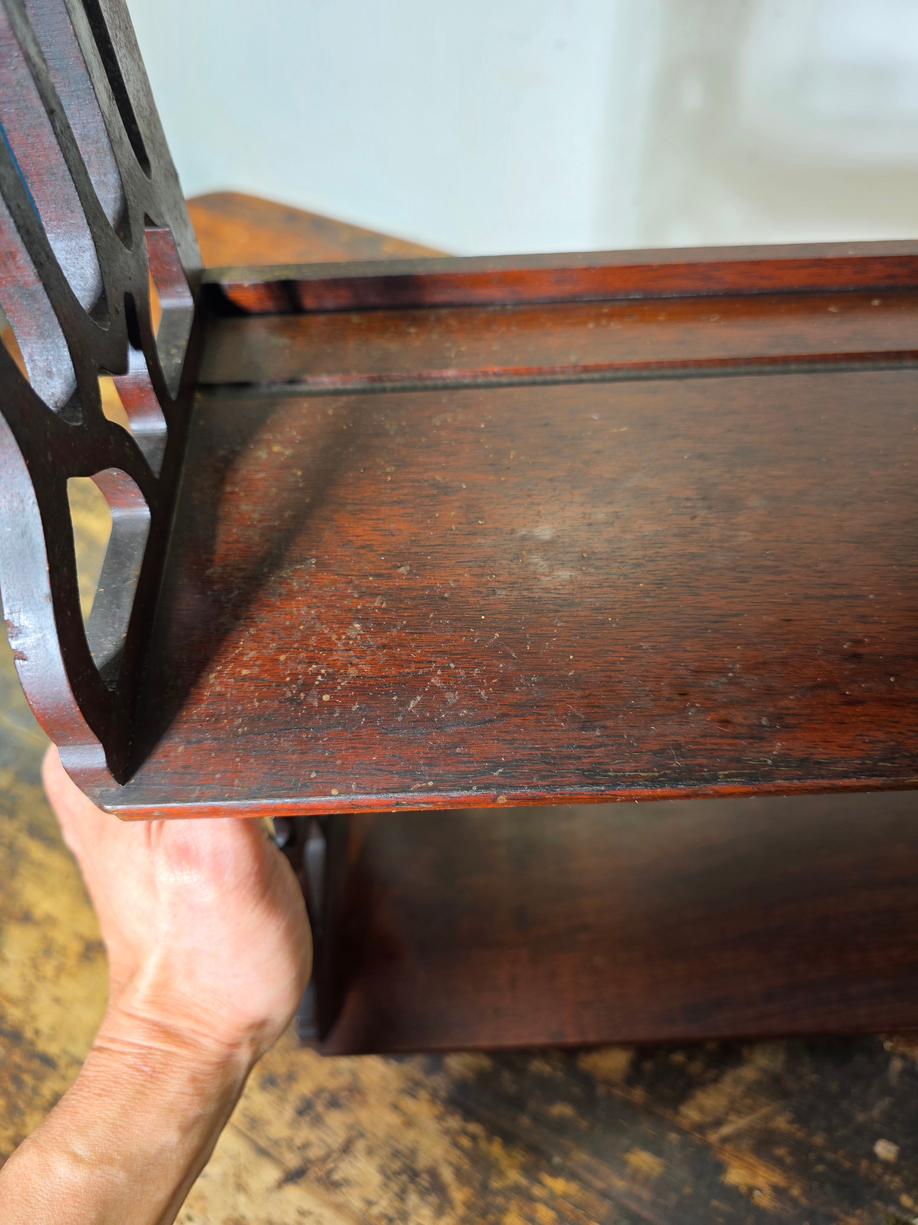 Vintage Gothic Chippendale Wall Shelf 3 Tier Display 33" Plate Groove Dark Wood