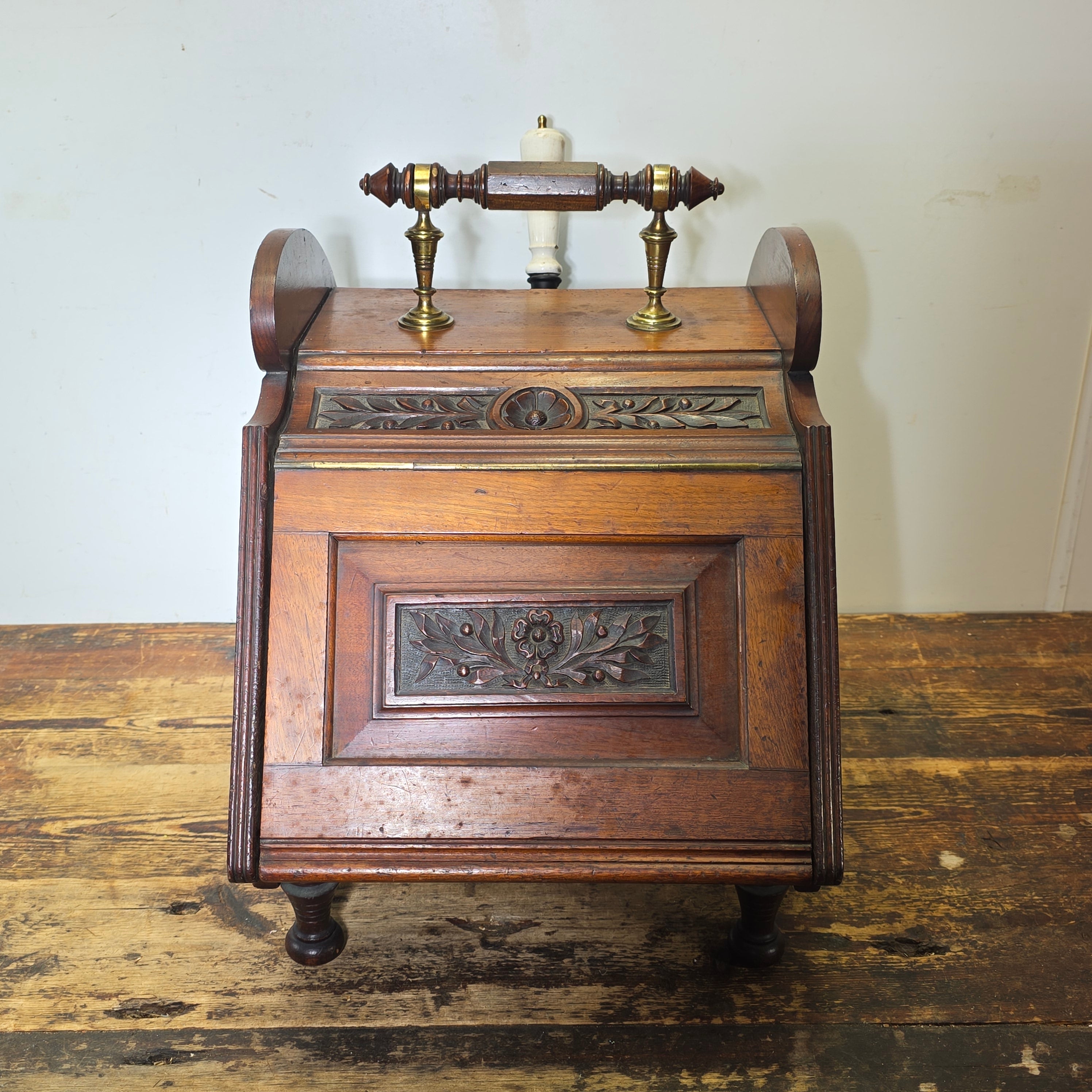 Antique Victorian Oak Coal Scuttle Box Brass Handle w/ Shovel 1900s
