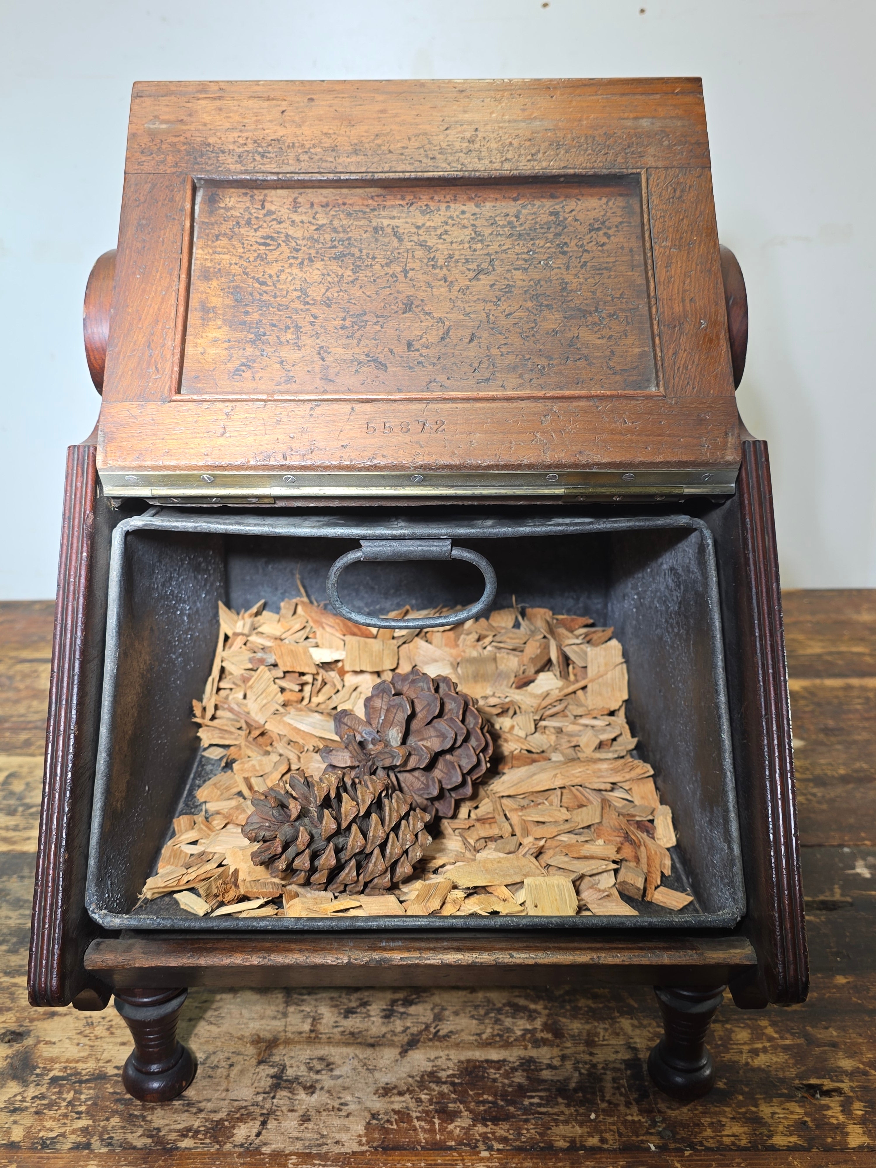 Antique Victorian Oak Coal Scuttle Box Brass Handle w/ Shovel 1900s