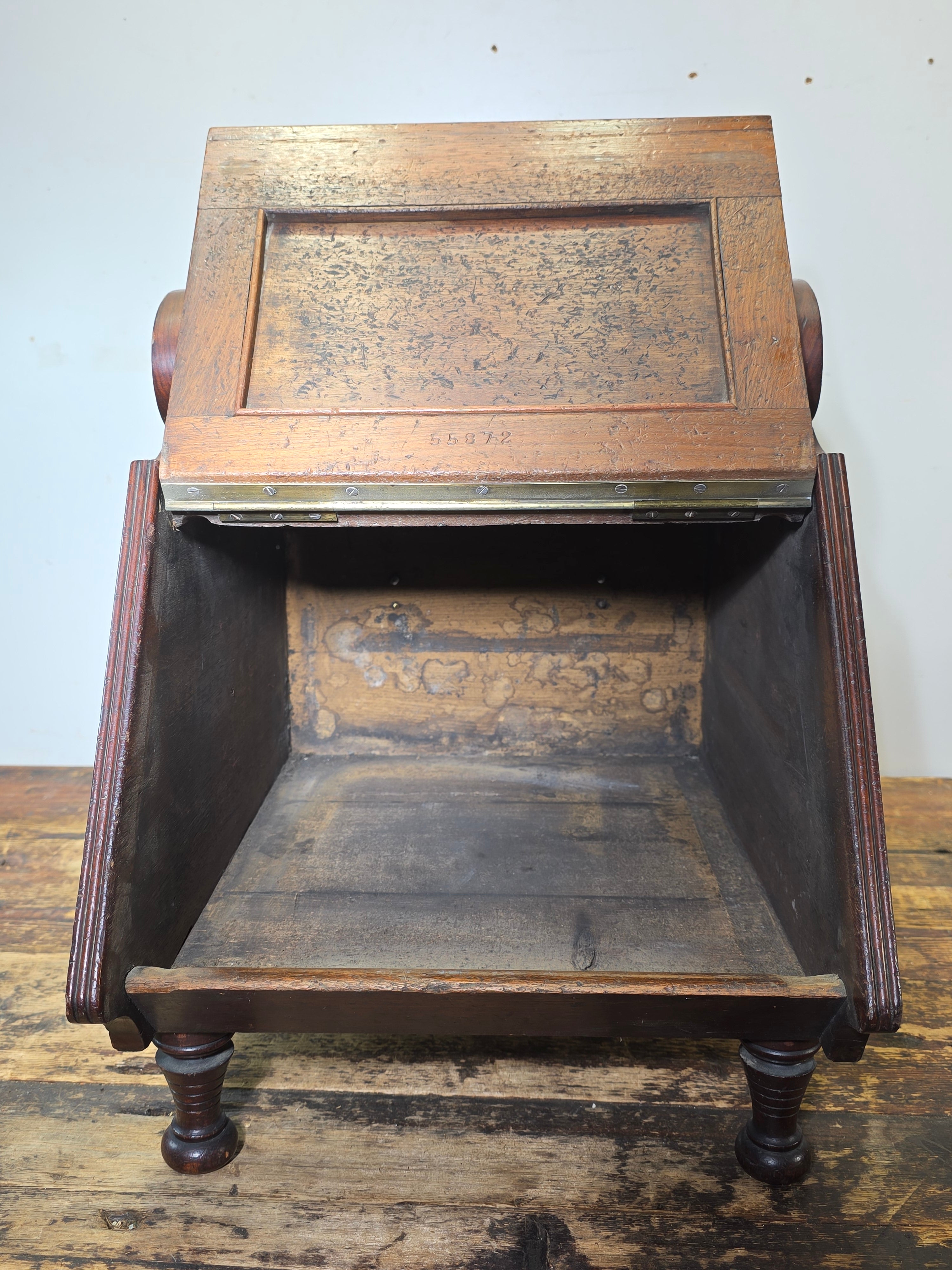 Antique Victorian Oak Coal Scuttle Box Brass Handle w/ Shovel 1900s