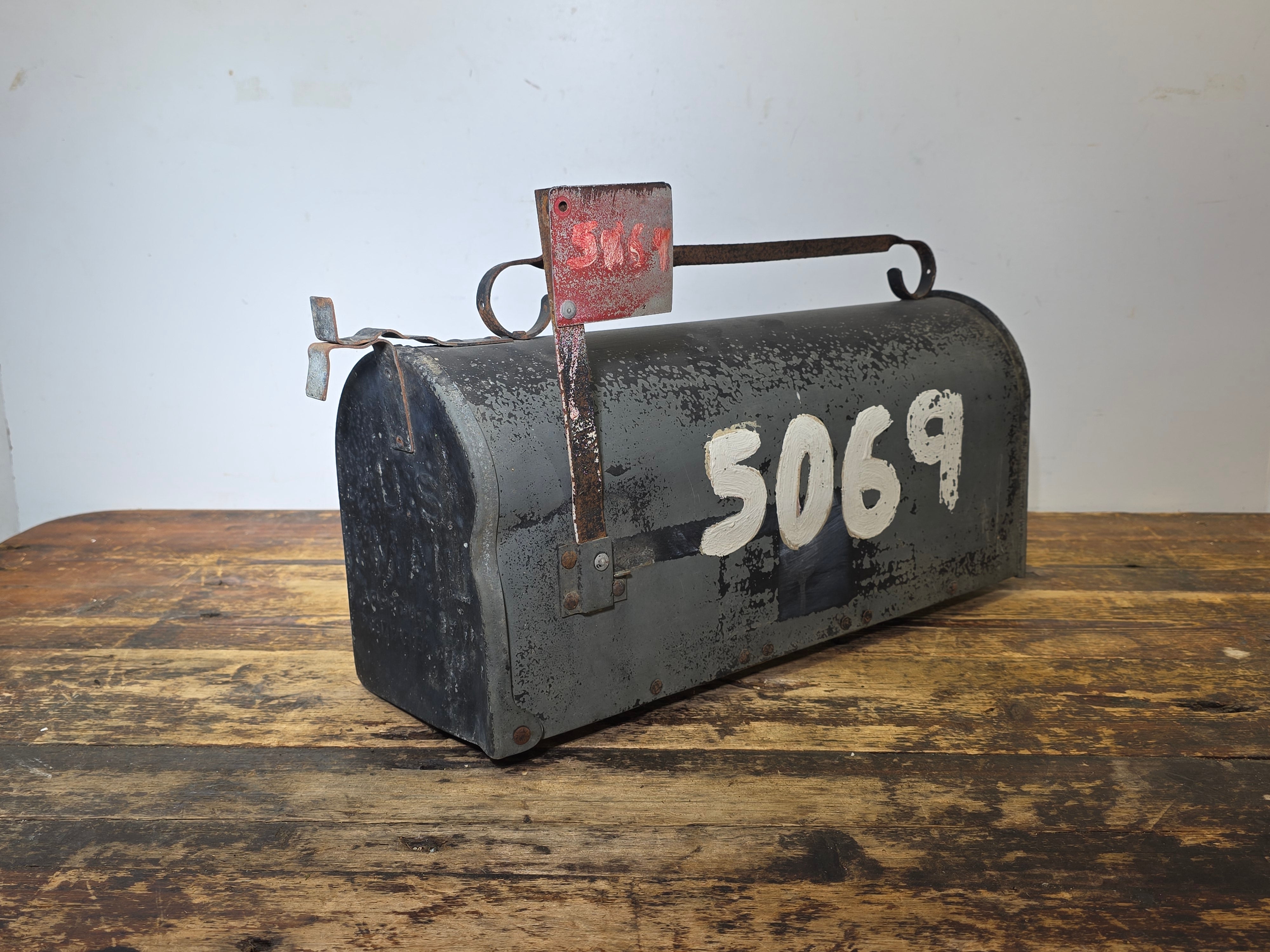 Vintage Superior Sheet Metal Mailbox Wood Bottom Industrial US Mail 5069 1940s