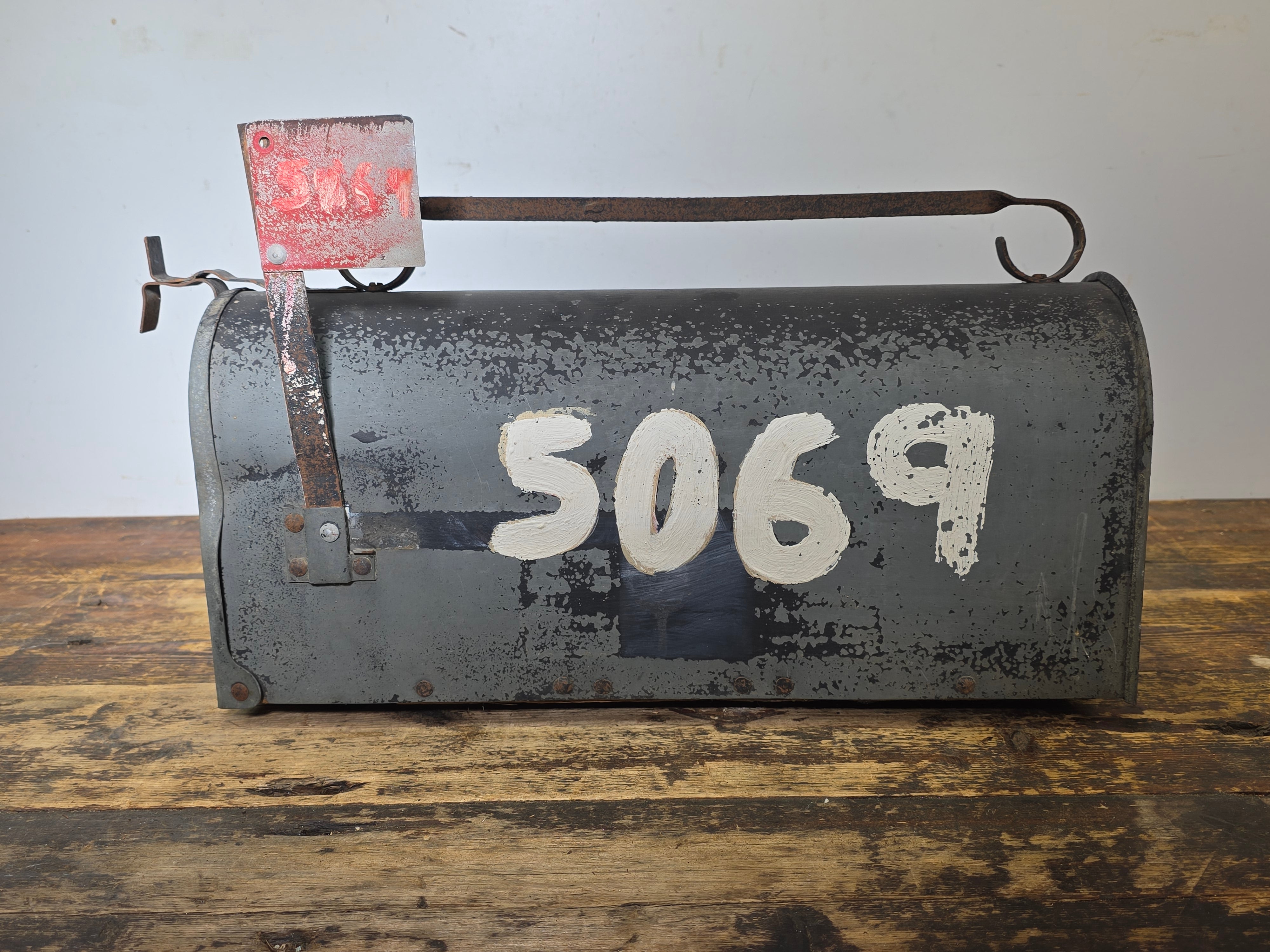 Vintage Superior Sheet Metal Mailbox Wood Bottom Industrial US Mail 5069 1940s