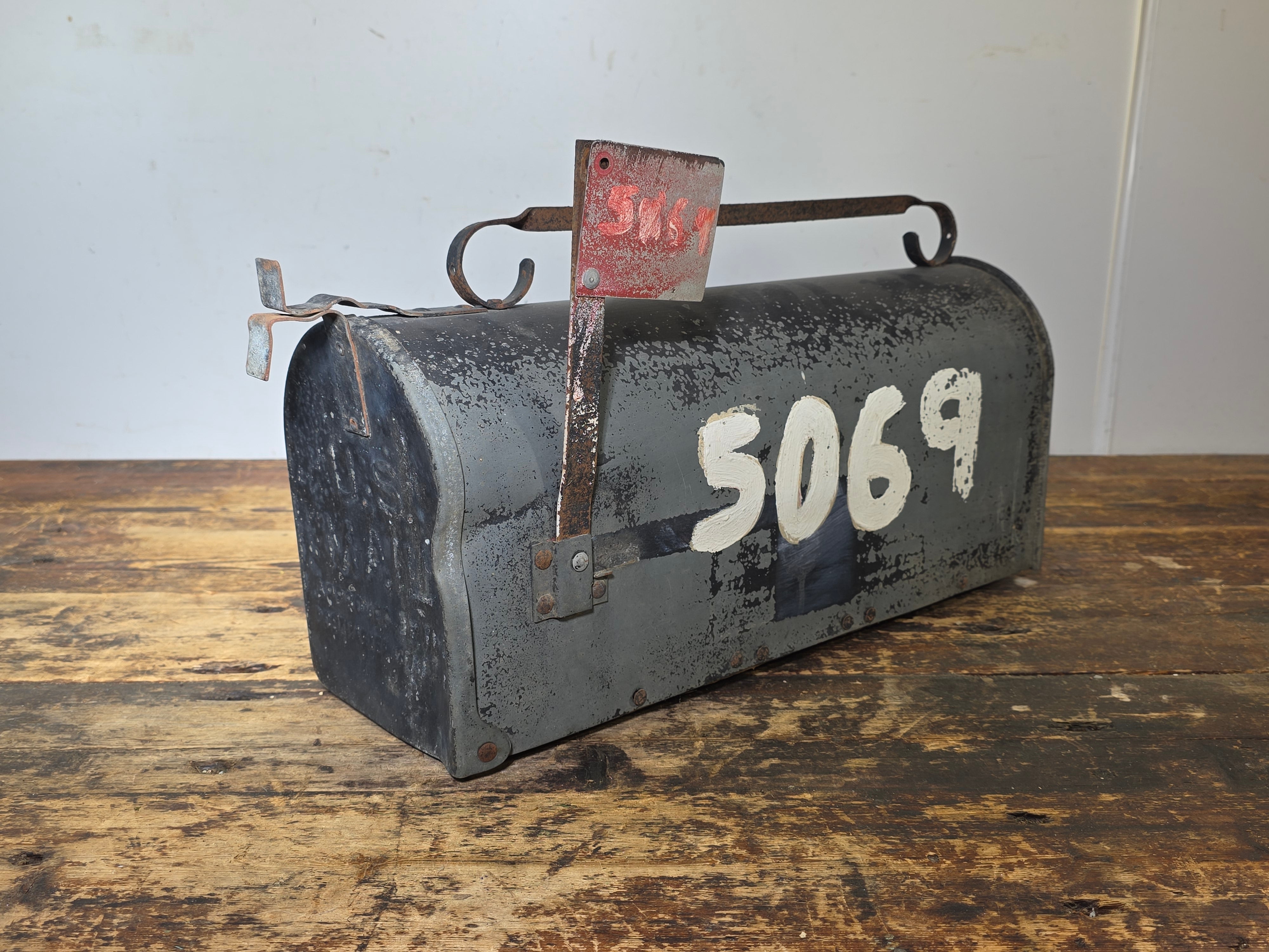 Vintage Superior Sheet Metal Mailbox Wood Bottom Industrial US Mail 5069 1940s